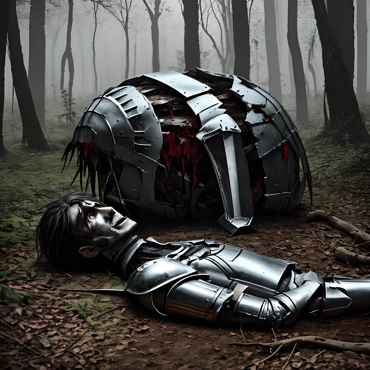 Corpse of a man in armor, Cut in half, in the woods, A lot of blood, Halves side by side, Fresh Corpse, Lies