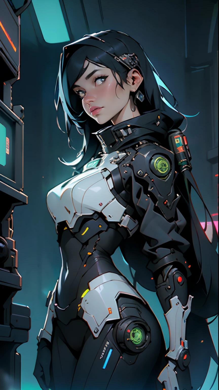 ((Best Quality)), ((Masterpiece)), (Very detailed:1.3), 3D, Beautiful (Cyberpunk:1.3) Female hacker, thick hair, revealing clothes, operating computer terminals, computer servers, LCD screens, fiber optic cables, corporate logos, HDR (High Dynamic Range), ray tracing, NVIDIA RTX, Super Resolution, Unreal 5, Subsurface scattering, PBR textures, Post processing, Anisotropic filtering, Depth of field, Maximum sharpness and sharpness, Multi-layer textures, Albedo and specular mapping, surface shading, accurate simulation of light-material interactions, perfect proportions, octane rendering, duotone lighting, low ISO, white balance, rule of thirds, wide aperture, 8K RAW, high efficiency sub-pixels, subpixel convolution, luminous particles,