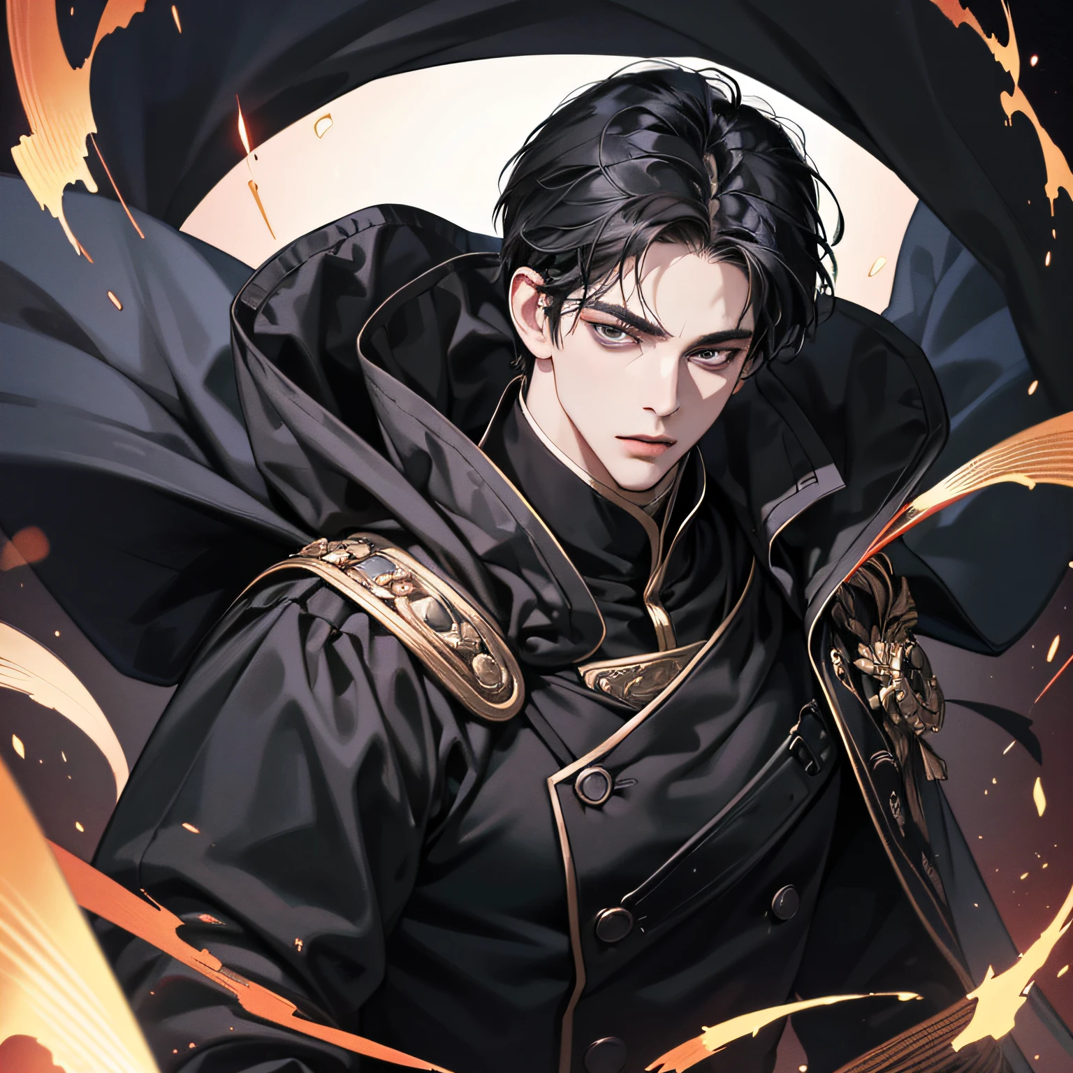 (best quality detailed image beautiful image 8K dramatic lighting) Art Manhwa masterpiece (digital art digital illustration) 29 year old man very handsome black hair ((distant expression black eyes perfect face perfect lines)) black clothes black cape