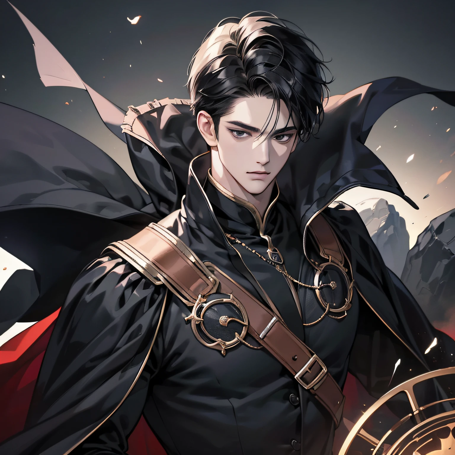 (best quality detailed image beautiful image 8K dramatic lighting) Art Manhwa masterpiece (digital art digital illustration) 29 year old man very handsome black hair ((distant expression black eyes perfect face perfect lines)) black clothes black cape