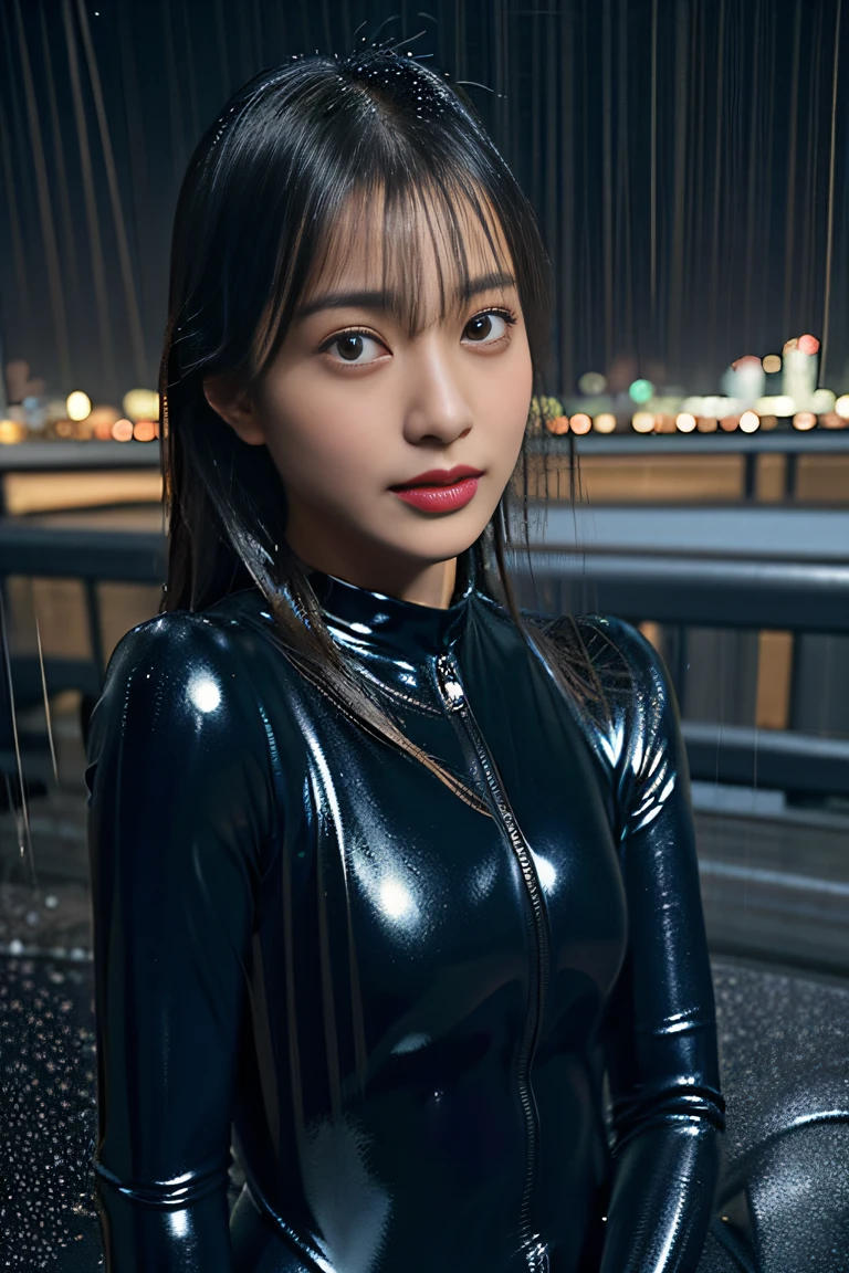 (((1 girl: 2))), ((Beautiful girl in shiny full body rubber suit with simple design)), (Primary color body fitting rubber suit:1.5), ((Beautiful girl on the roof of a building with beautiful night view)), (18 year old cute girl), ((1screen)), 8K, RAW shot, (Angle from the side:1.5)、top quality photo, masutepiece, Nice realistic photos, ((Anatomically correct proportions: 1.5) ), beautiful woman like a Japanese actress, small head, Detailed face, Detailed eyes, Narrow Nose, Detailed hands and fingers, detailed arms, Detailed skin, Detailed legs, short torso , Small waist, Large breasts, Nipple shadow, Vertical wrinkles, Small buttocks, Posing for gravure photos, ((sitting with legs apart)), ((Heavy rain:1.4)), ((Rain-drenched body: 1.8)), ((Bodysuit wet in the rain: 1.8)), ((Rain-soaked hair: 1.8)), ((Rain-soaked bangs: 1.8))