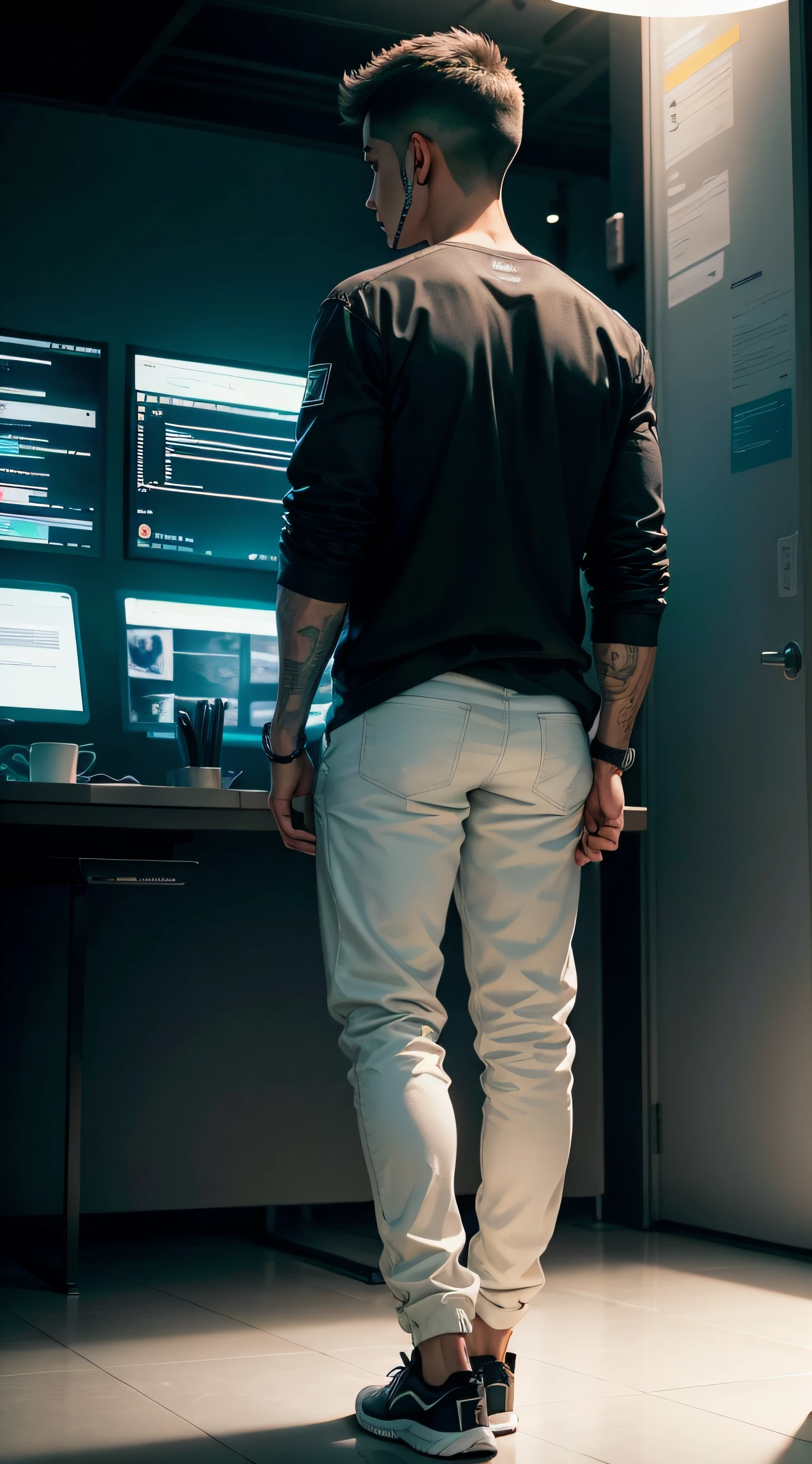 Man in casual back clothes in front of a huge database with screens everywhere, pantallas negras en el entorno de fondo, Luces, colores fluorescentes, cuerpo completo + ultra, realista, Detalles ultra realistas, cinematic style Clear light + cuerpo completo, 8k, rendering, Ultra detallado, Lado luminoso, luz del sol, belleza, Luz clara