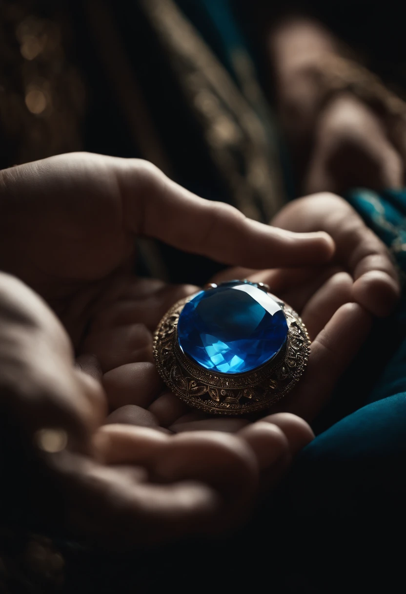 Arab, middle age, rich, holding a big blue jewel, behind treasures,