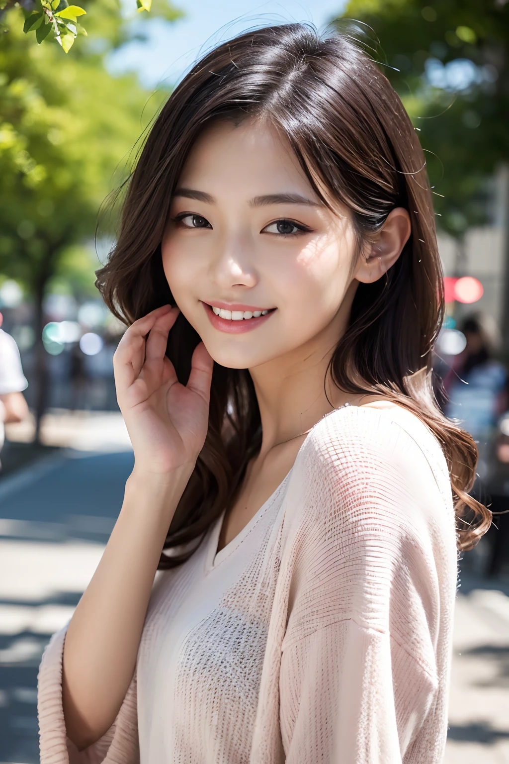 (8K,Raw photo、Raw photo、top-quality、Master masterpiece:1.2)、ultra-detailliert、Super Resolution、(Photorealsitic:1.3)、Angle to shoot from the front、Clearly draw shades of light、high resolution RAW color photos、professional photograpy、Same skin type as humans、Female proofreading of Japan from head to waist、Blur the background、Draws faithfully to anatomy、cafes、Very detailed and beautiful、Ultra-high image quality、long、Hair swaying and sexy、Very detailed beautiful girl、(Pink Eye Shadow)、smil、Plain clothe、Park on a sunny day、Loosely curly hair、