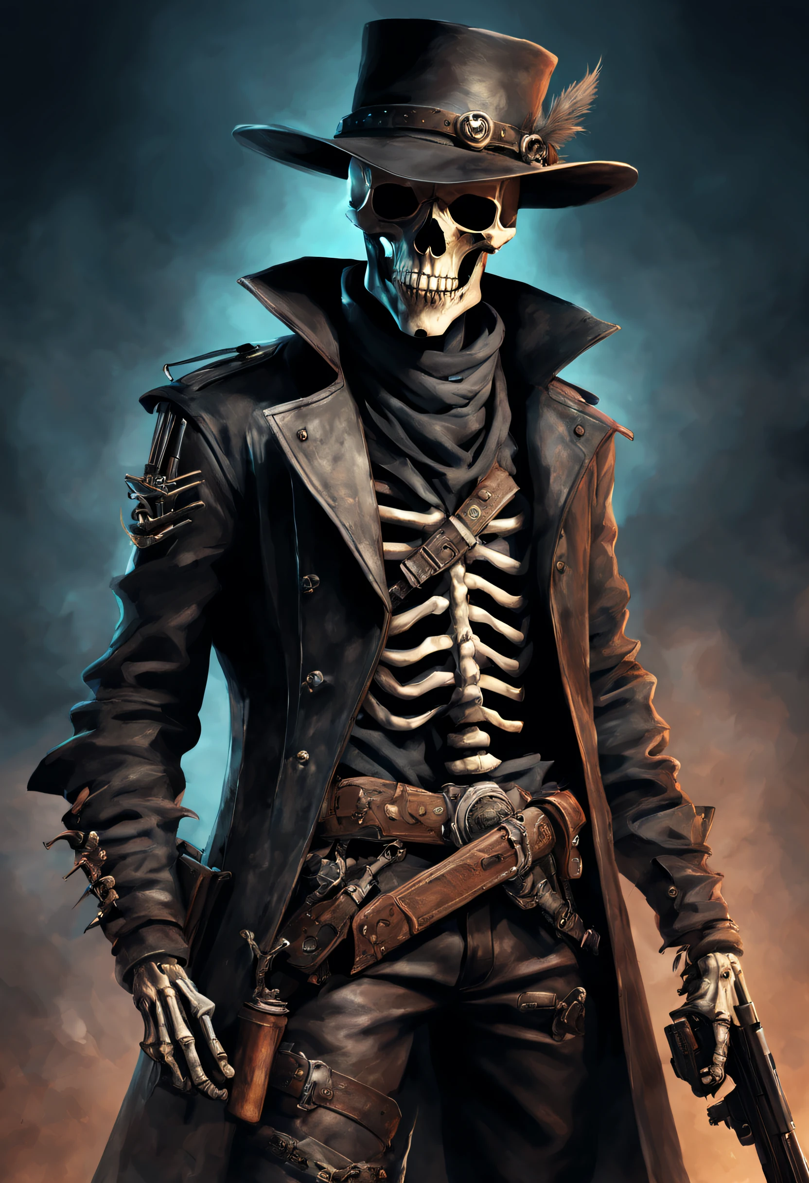 An image of an Aalfed skull with a gun in a hat and leather pants, Portrait of the Bloodborne Skeleton Man, After - the doomsday cowboy skeleton man, dark fantasy character design, Stylized urban fantasy artwork, Powerful male skeleton man, the plague doctor, portrait of the old necromancer, trends in art station, cyberpunk wild west, grimdark steampunk fantasy, the gunslinger