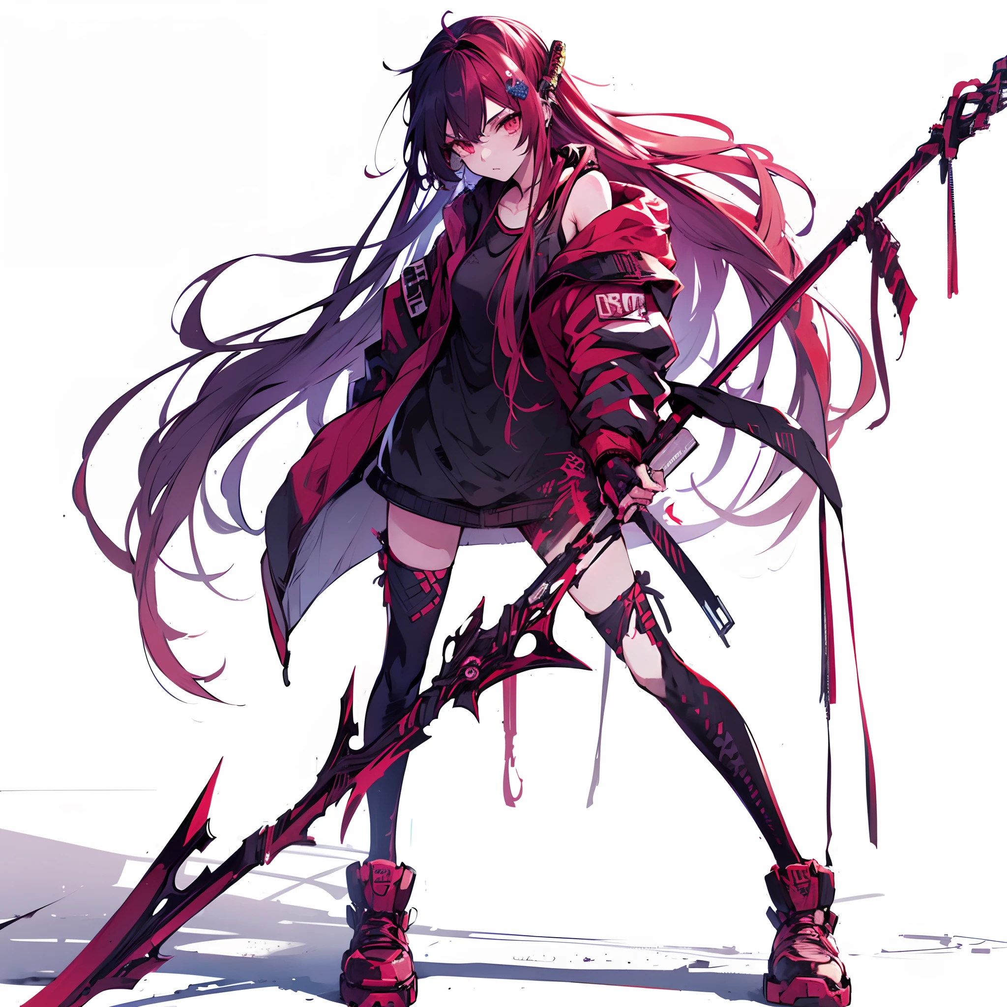 (masutepiece), (Perfect athlete body:1.2), Anime style, Full body, Cyberpunk Ninja Girl, Akaoni, Colored skin, Wearing street fashion. Wielding a long spear, Standing in the wasteland, Wear high-tech boots, White background, Whole body,