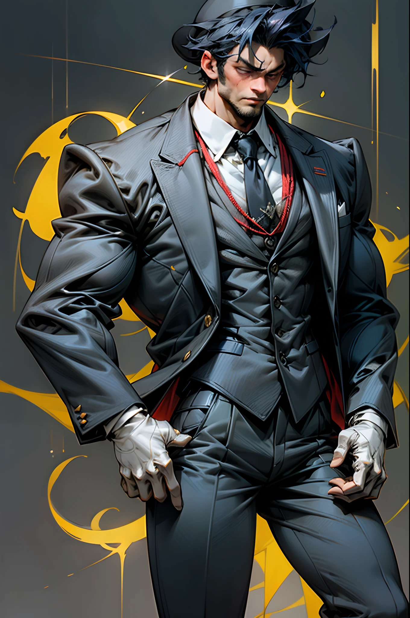 Dark background, cool colors, muscular man in suit, red hat, elegant, broad shoulders, dark face, looking down, royal blue suit