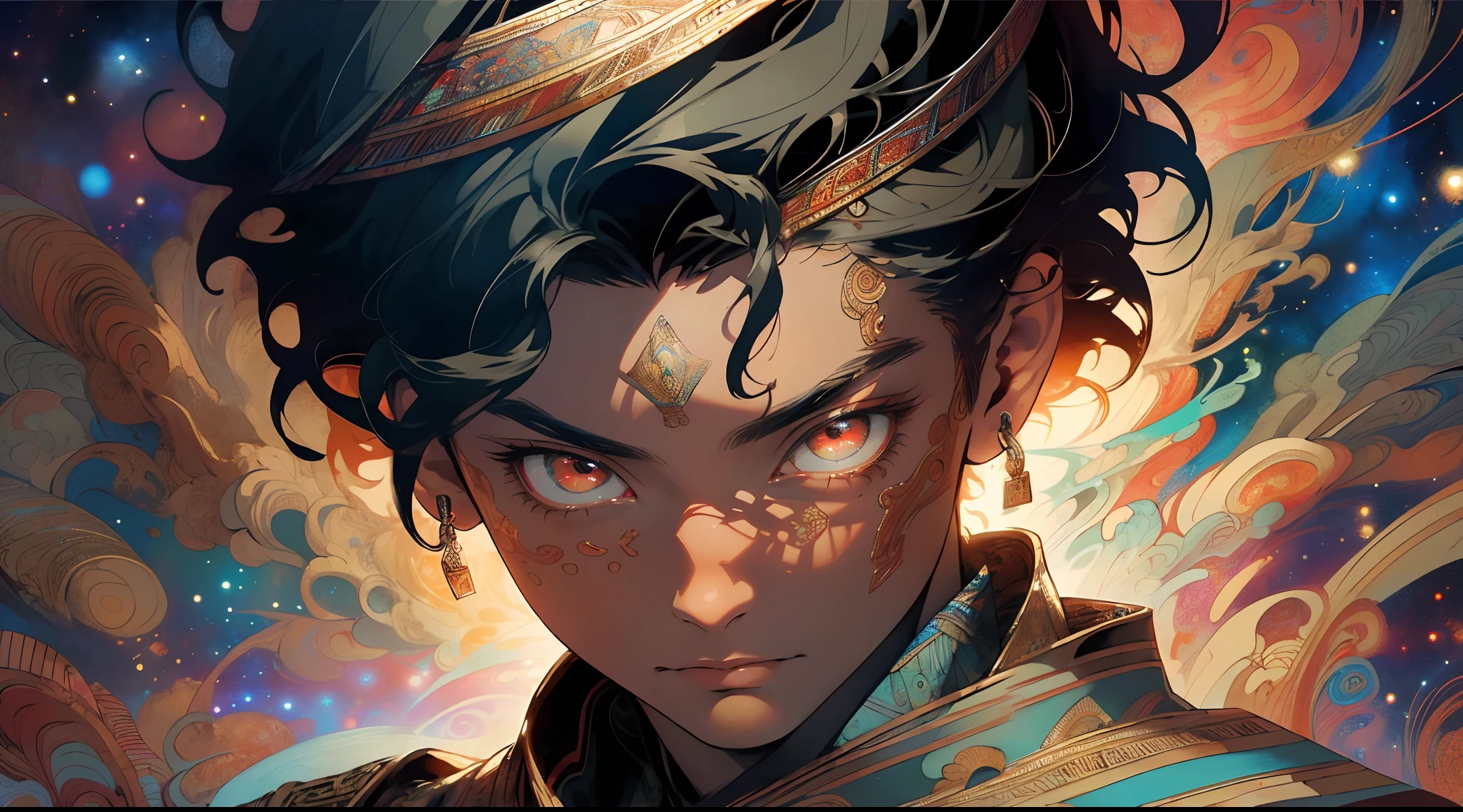 Realistic, (Masterpiece, Top Quality, Best Quality, Official Art, Beauty and Aesthetics: 1.2), Very Detailed, Fractal Art, Colorful, Most Detailed, Zentangle, (Abstract Background: 1.5) (1boy: 1.3), Deity, Short Hair, (Glowing Red Eyes), Mysterious, (Magic), Ice, Handsome Man, Egyptian Style, Universe