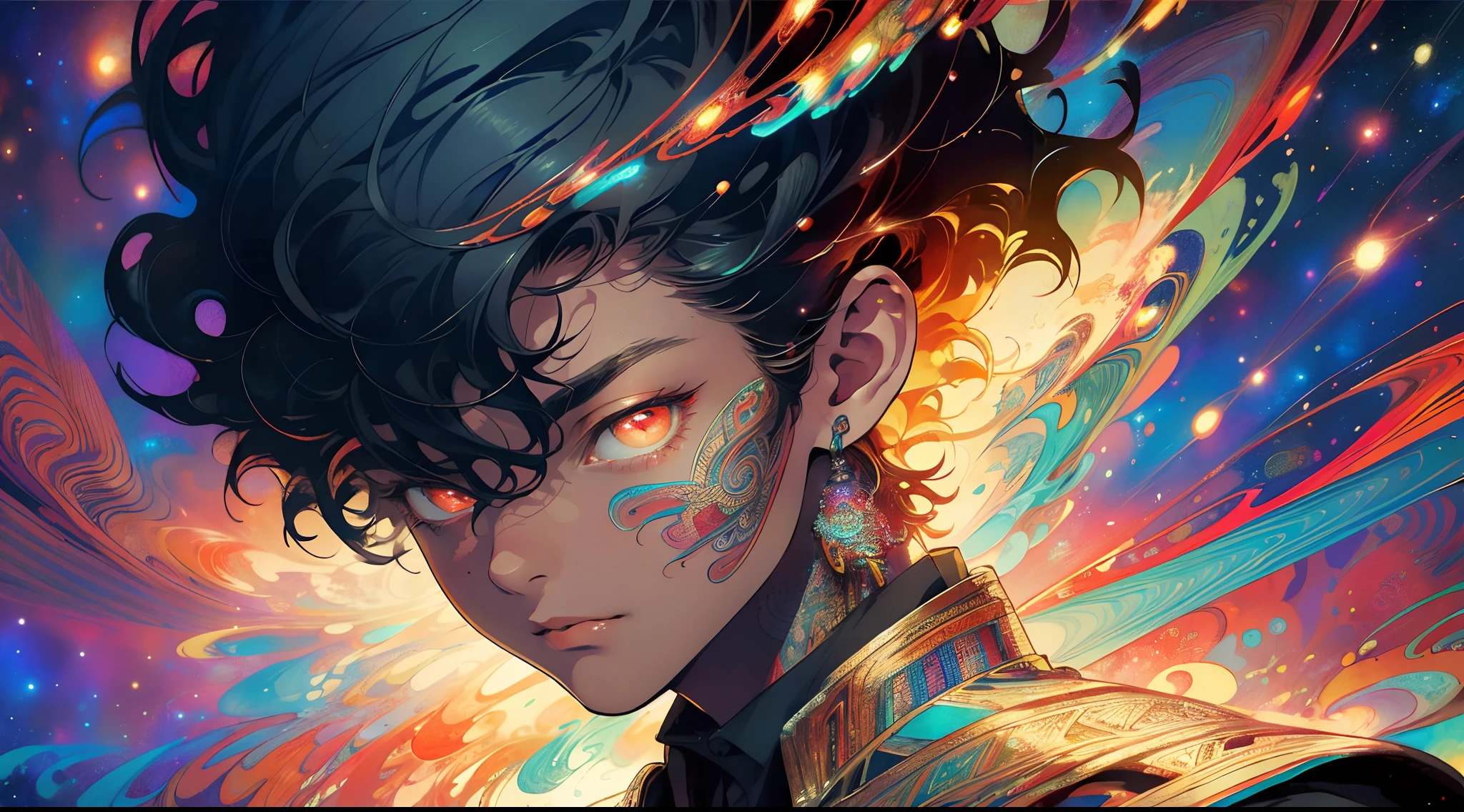 Realistic, (Masterpiece, Top Quality, Best Quality, Official Art, Beauty and Aesthetics: 1.2), Very Detailed, Fractal Art, Colorful, Most Detailed, Zentangle, (Abstract Background: 1.5) (1boy: 1.3), Deity, Short Hair, (Glowing Red Eyes), Mysterious, (Magic), Ice, Handsome Man, Egyptian Style, Universe
