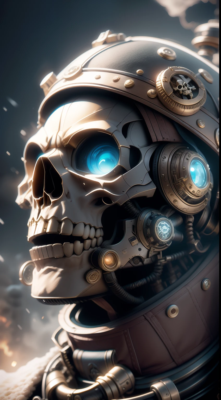Steampunk skull close-up: Depict this skull as a steampunk traveler, Wear a combination of Victorian costumes and futuristic steampunk gadgets. He walked through the snow, Mechanized landscape,Steam-powered snowflakes fell around him.