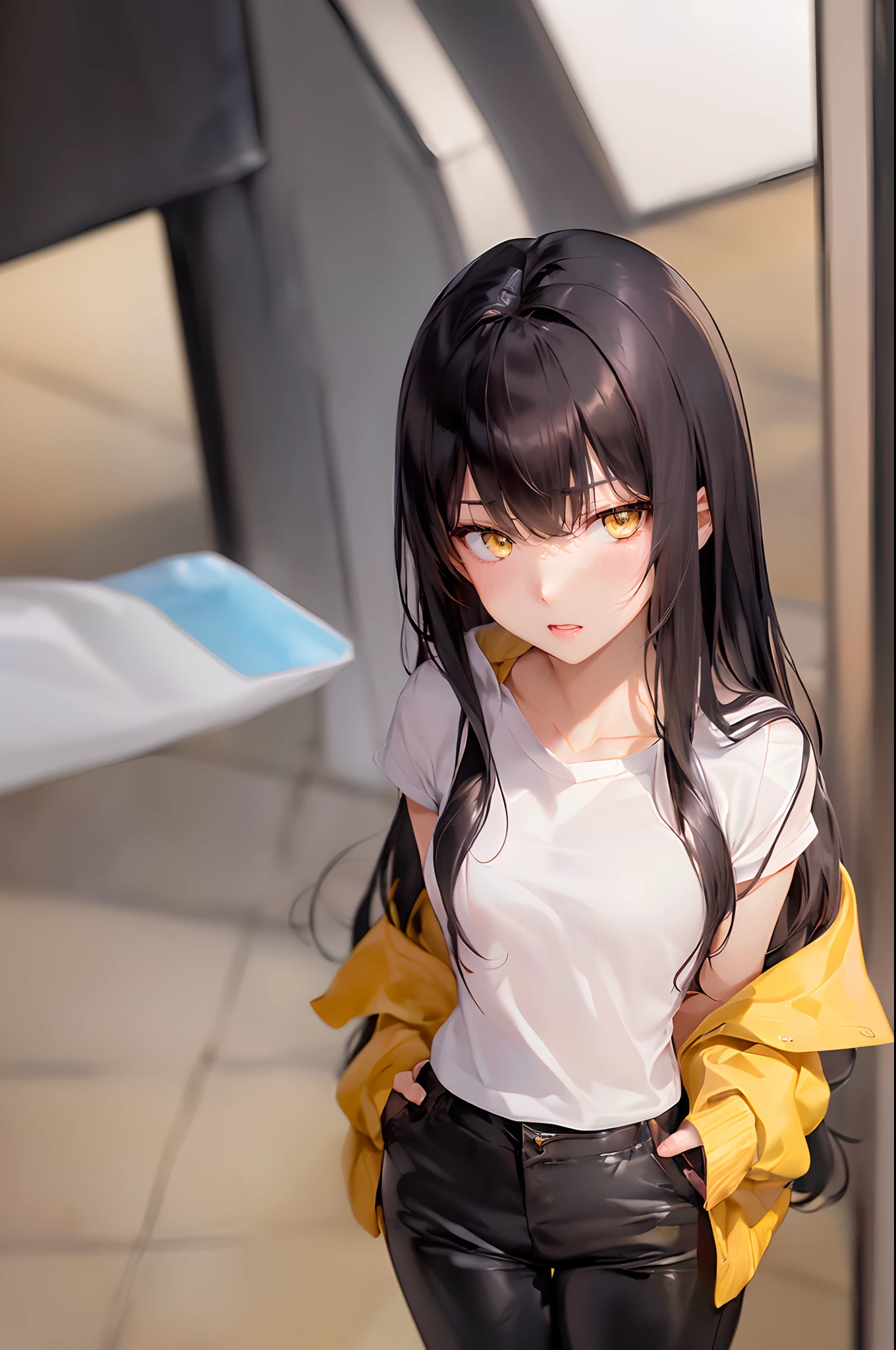 (4K works))、​masterpiece、(top-quality)、In front of the wall、Korean female、adult  woman、((Adult 26 years old))、((Face similar to Hyun Jin))、cool lady、tall、((Glaring expression))、((Sleepy face))、((Strong eyes))、((Wearing a white T-shirt and a black hooded jacket、Wearing long black pants))、((Wear a black mask))、((smaller face))、Slim body、((How to stand selling fights))、((Cheeky way of standing))、((Bad girl))、((Black long-haired))、((Yellow eyes))、((shot from front))、((Looking down on the viewer))、((rearing))、((Shot alone))、((Solo Photography))
