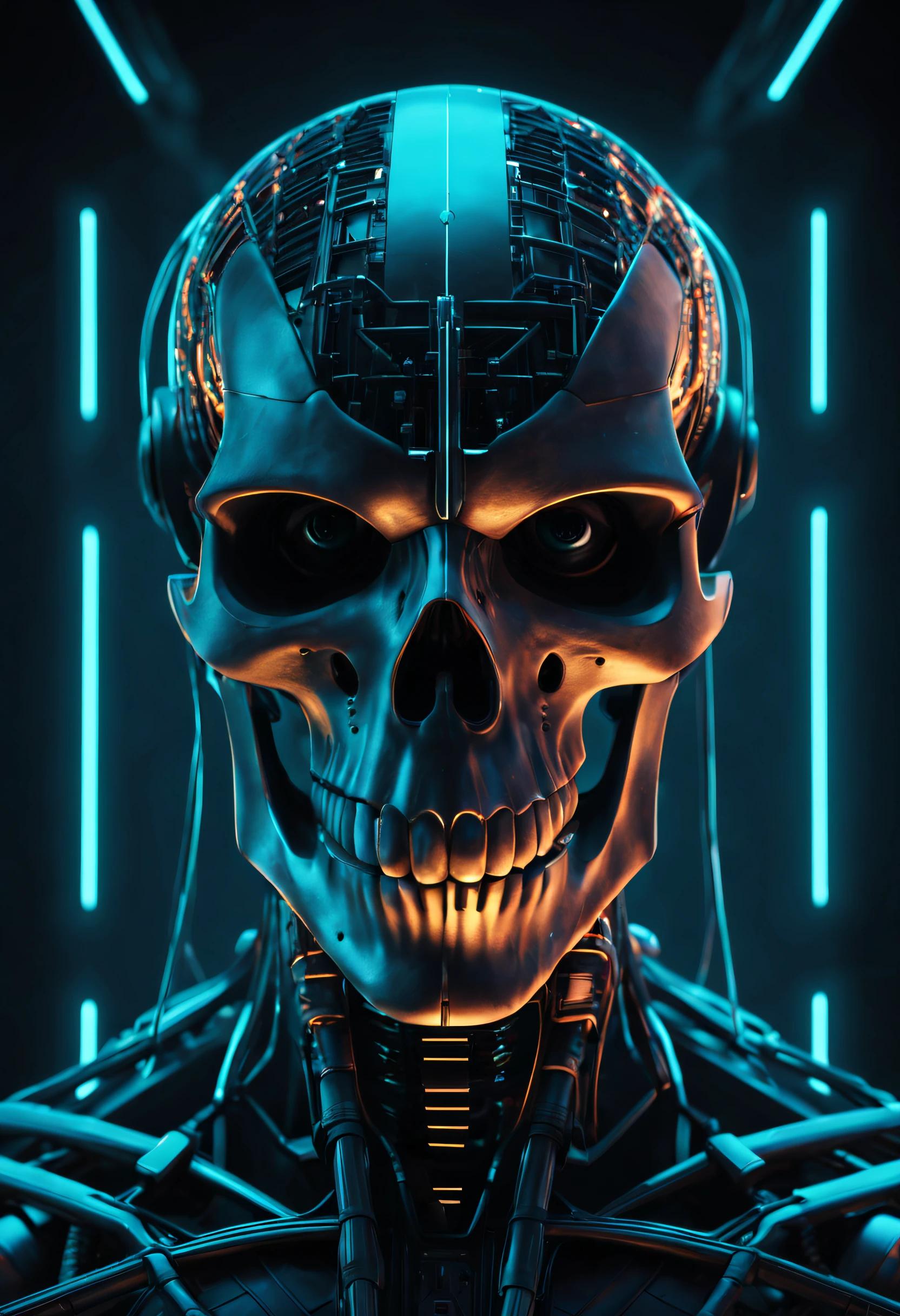 (best quality,4k,8k,highres,masterpiece:1.2),ultra-detailed,(realistic,photorealistic,photo-realistic:1.37), close-up cyberpunk skull, AI avatar, cyber space, wireframe, matrix, throne, minimalistic, abstract, virtual surrealism, black background, neon lights, virtual interface, looking at the camera