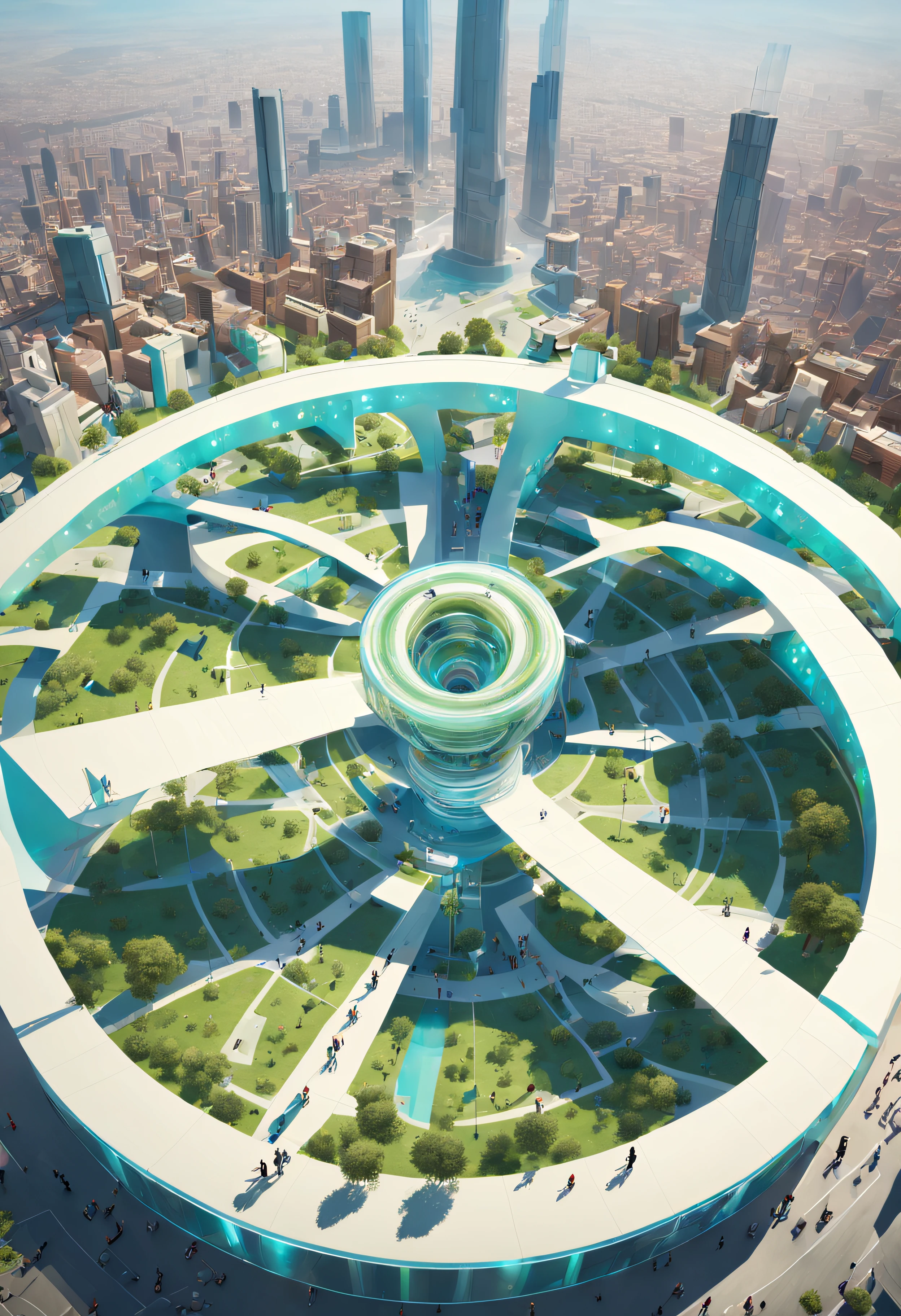 Y4NN, Una ciudad comunitaria futurista y enriquecedora，Las personas jovenes estan saltando y son activas en la ciudad，In the center of its central circle is a huge circular structure，Es luz azul y verde, sci-fy, Una pintura mate detallada, Arte espacial, Ultra - detallado, brillando desde dentro, Obra maestra, La mejor calidad, ciudad inteligente