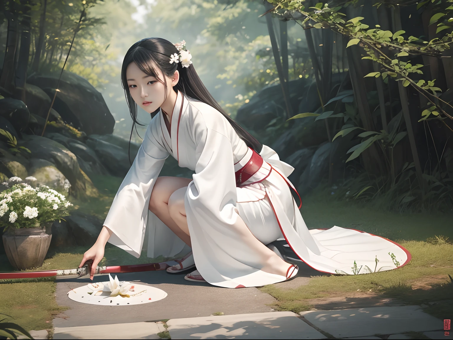 woman,Wearing white Hanfu,kneels on the ground,buggy,swordsmen,Masterpiece,Best quality,超细节的,photorealestic,illustration,Renderer,Matsuki,Dissection is correct