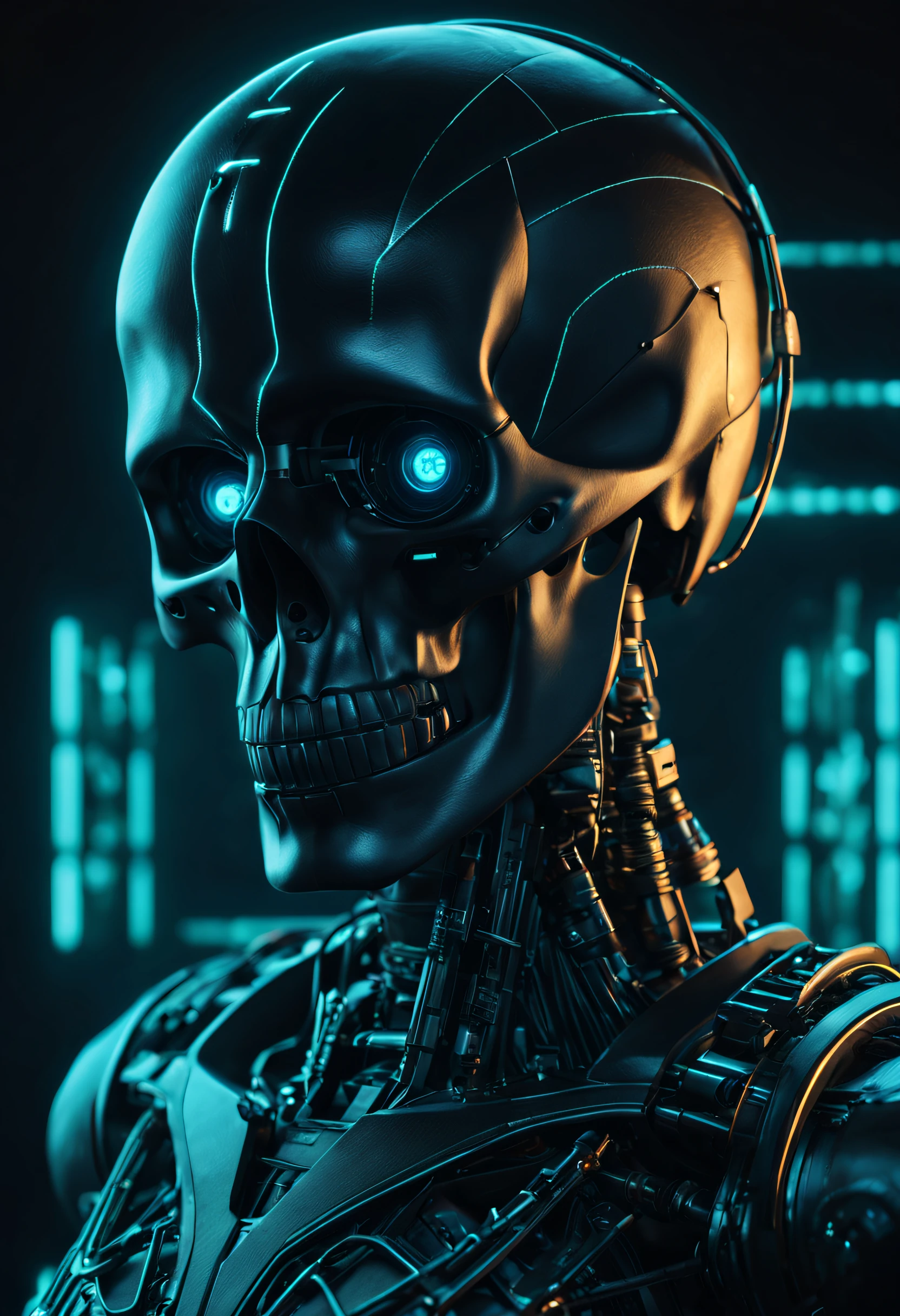 a close up of a robot with a skull head and a lot of wires, portrait of a cyber skeleton, hyper detailed digital art, 4k highly detailed digital art, cyberpunk skeleton, detailed portrait of a cyborg, highly detailed digital art, cyberpunk art ultrarealistic 8k, terminator art, highly detailed digital artwork, hyper-realistic cyberpunk style, ultra-detailed digital art