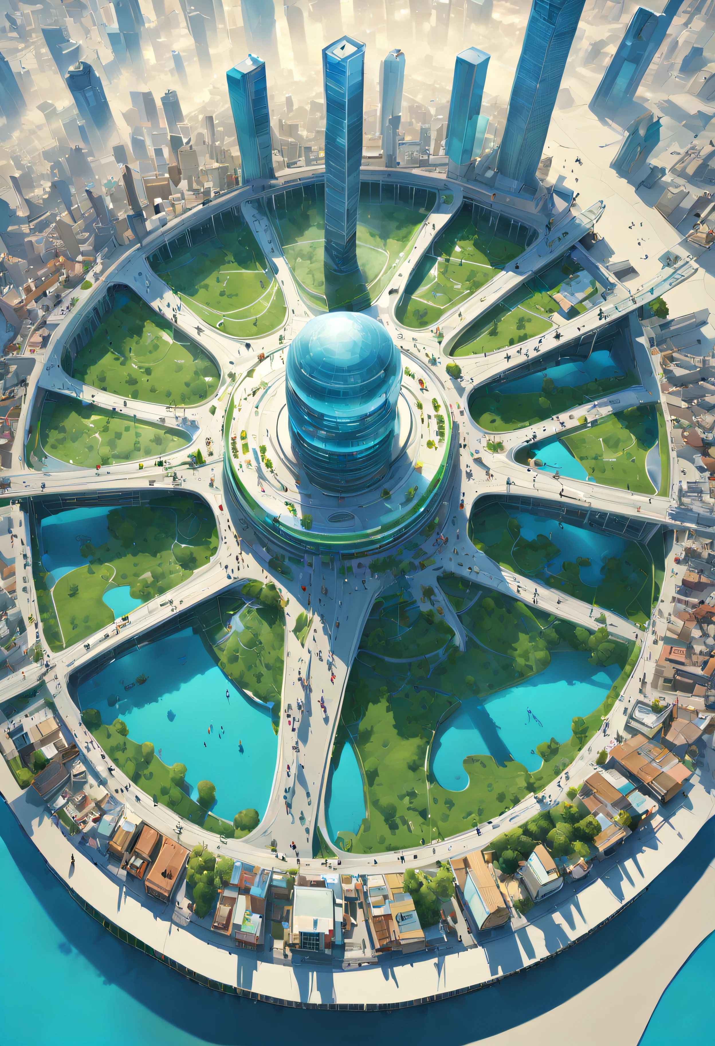 Y4NN, Una ciudad comunitaria futurista y enriquecedora,Las personas jovenes estan saltando y son activas en la ciudad,In the center of its central circle is a huge circular structure,Es luz azul y verde, sci-fy, Una pintura mate detallada, Arte espacial, Ultra - detallado, brillando desde dentro, Obra maestra, La mejor calidad, ciudad inteligente