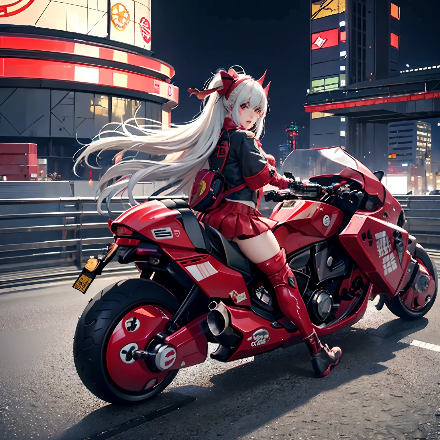 official art, unity 8k wallpaper, ultra detailed, beautiful and aesthetic, masterpiece, best quality, realistic, horns, blush, long hair, white hair, streaked hair, red eyes, hair bow, mole under eye,  red akirabike, riding bike, night, cyberpunk city view, epic screen, school uniform, boxing glove, bdsm gear