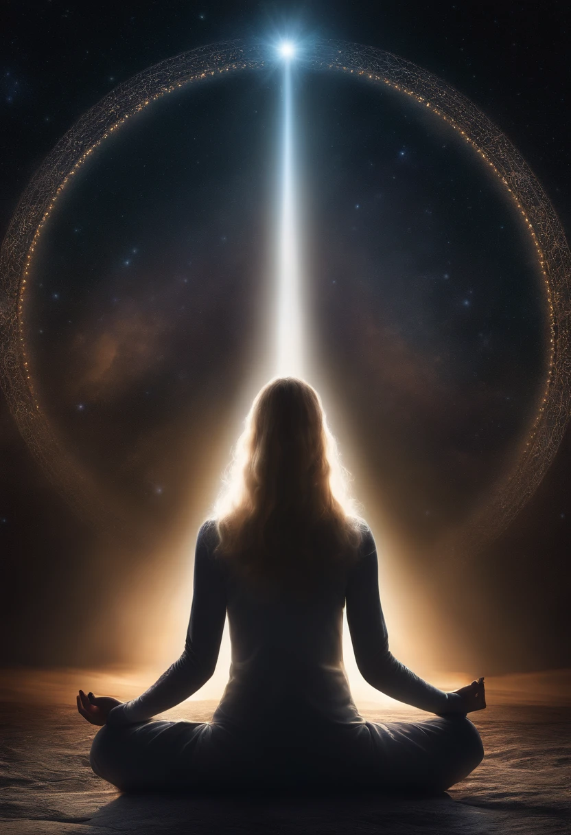 The black cosmos, very far away, a man sits with his back turned, without upper clothing, with long hair, from which light emanates., only darkness and the twinkling of incomprehensible space objects surround him