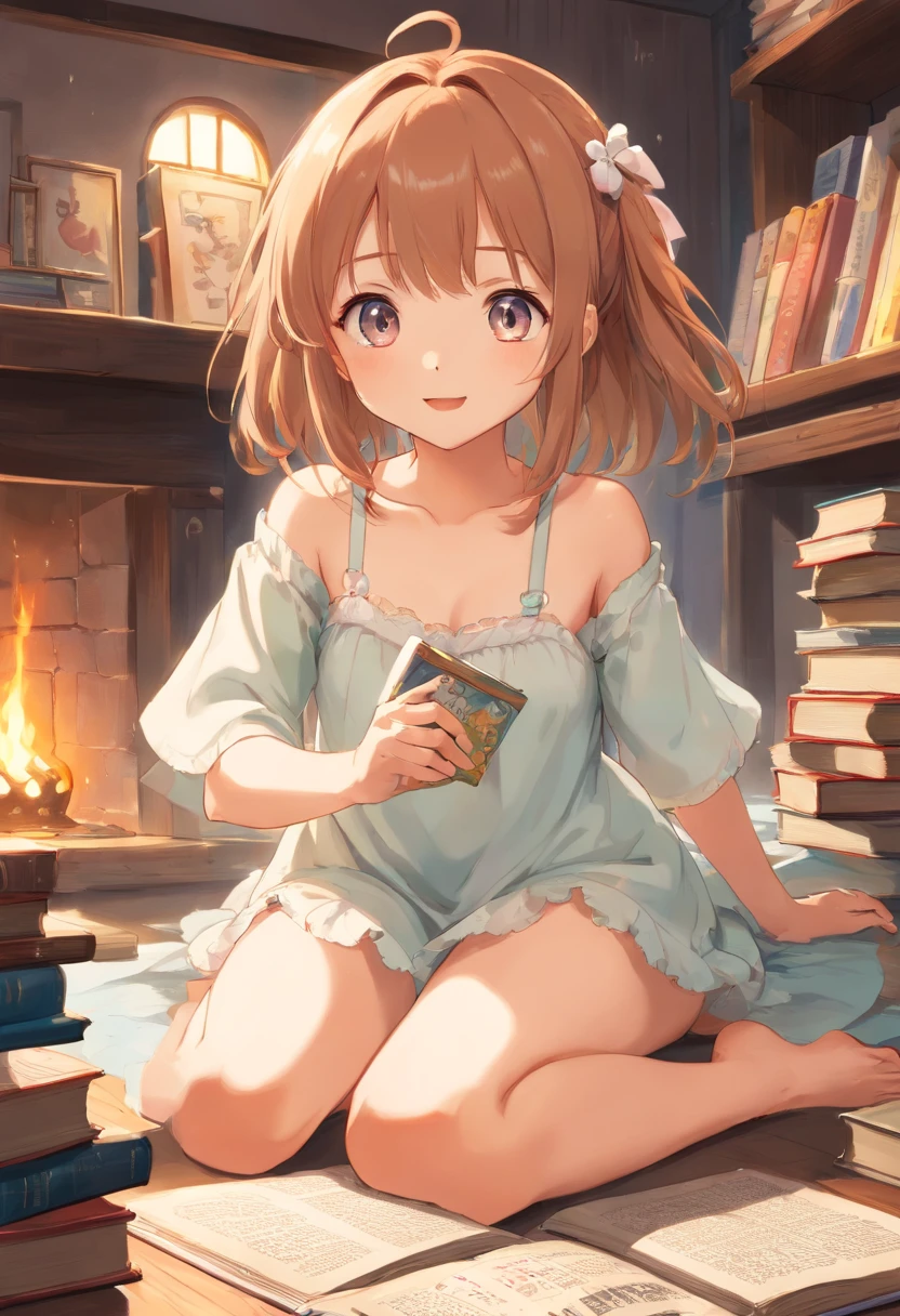 Cute loli,Barefoot,Tummy down,head looking up,Raise your feet,shift dresses,white panties,largeeyes,Anime cute face,looking at book,Wet da
