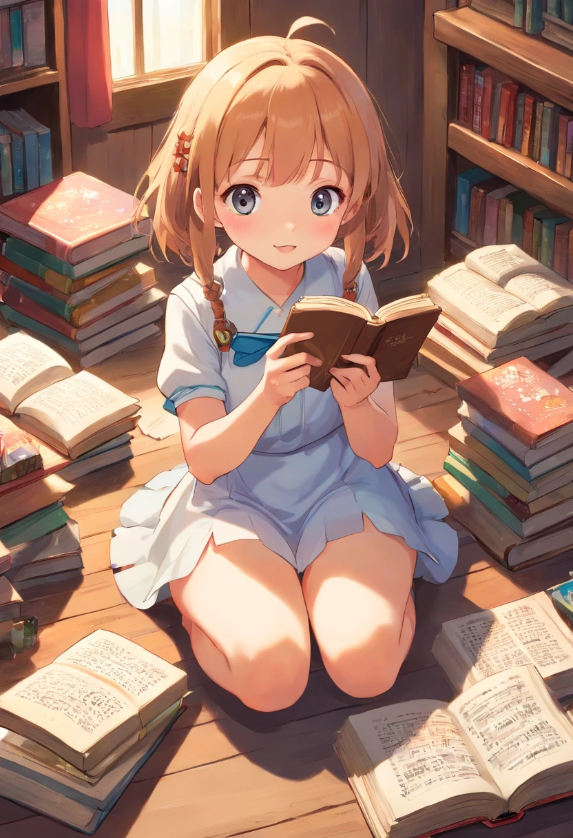 (girl, Twin Tails), A girl sat by the window of the library, her ponytails gently hanging over her shoulders. She was focused on reading the books in her hand, and the sunlight shone through the window on her side face. The background was full of books, full body, (Photography, Raw photo), panoramic view, award-winning, cinematic still, emotional, vignette, dynamic, vivid, (masterpiece, best quality, Professional, perfect composition, very aesthetic, absurdres, ultra-detailed, intricate details:1.3)