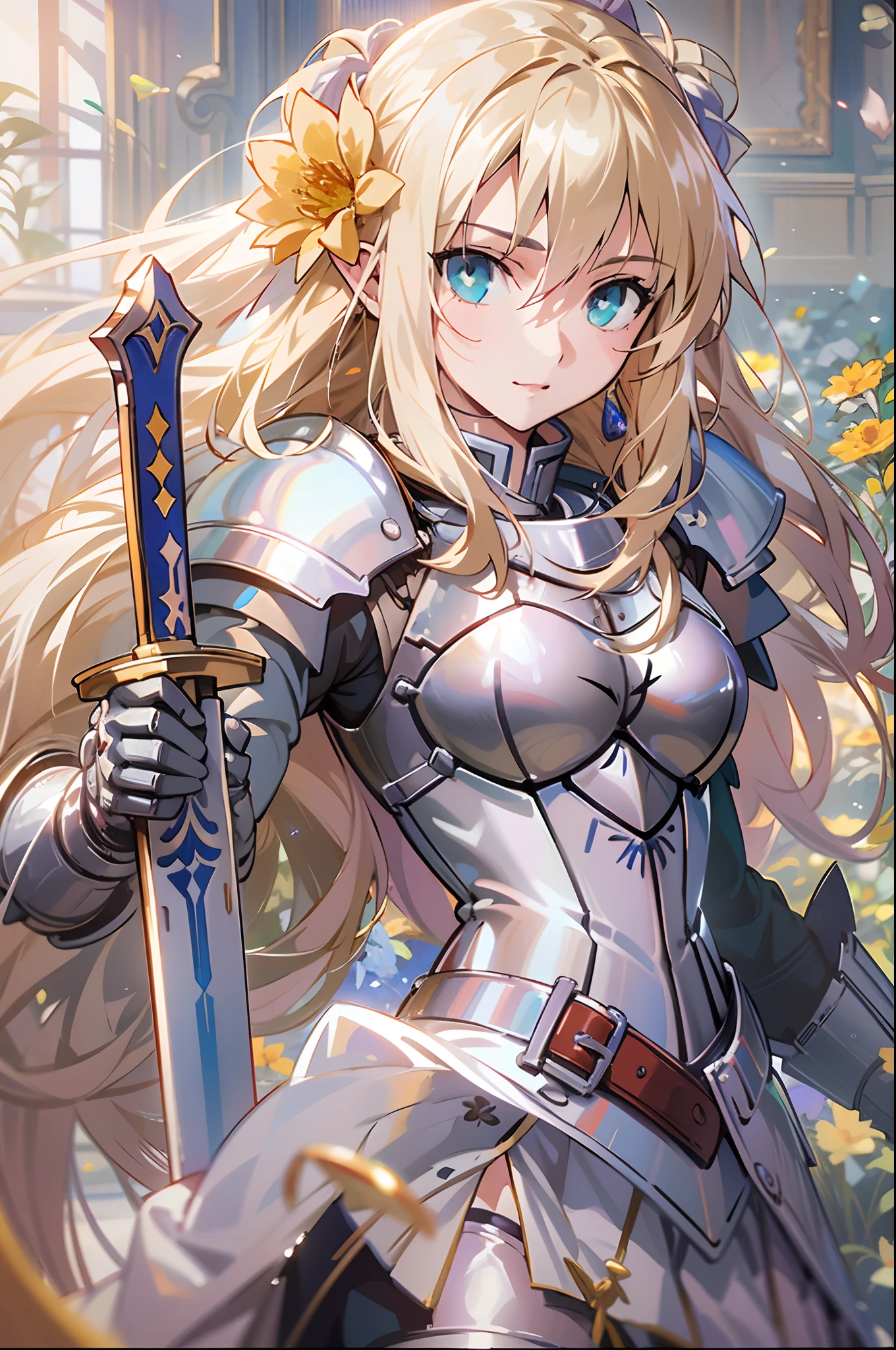 Blonde woman in armor with sword and flower background, of a beautiful female knight, beautiful female knight, inspired by Magali Villeneuve, Female knight, magali villeneuve', alluring elf princess knight, Kushatt Krenz Key Art Women, girl in knight armor, inspired by Li Chevalier, graphic artist magali villeneuve, Portrait Knight Lady Best Quality,4K,8K,A high resolution,Masterpiece:1.2),Ultra-detailed,(Realistic,Photorealistic,photo-realistic:1.37),Long flowing orange hair, Blue eyes pose for photos, Anime girl, Popular on Pixiv, Popular on artstation, double tails, (Anime girl), Digital artwork on Pixiv, About tomorrow's popularity with Pranley Soru on Pixiv, Vibrant colors, vibrant  lighting (Best quality,4K,8K,A high resolution,Masterpiece:1.2),Ultra-detailed,(Realistic,Photorealistic,photo-realistic:1.37), Anime style, long whitr hair, Blue eyes, A girl with blue eyes and long blonde hair stares into the camera, Perfect blonde girl, Young girl with white hair, girl with beautiful white hair, Cute anime girl with blonde hair, Woman with blonde hair, Girl with blonde hair, Young woman with anime aesthetics,female anime character, from girls' frontline.your legs，With an evil smile