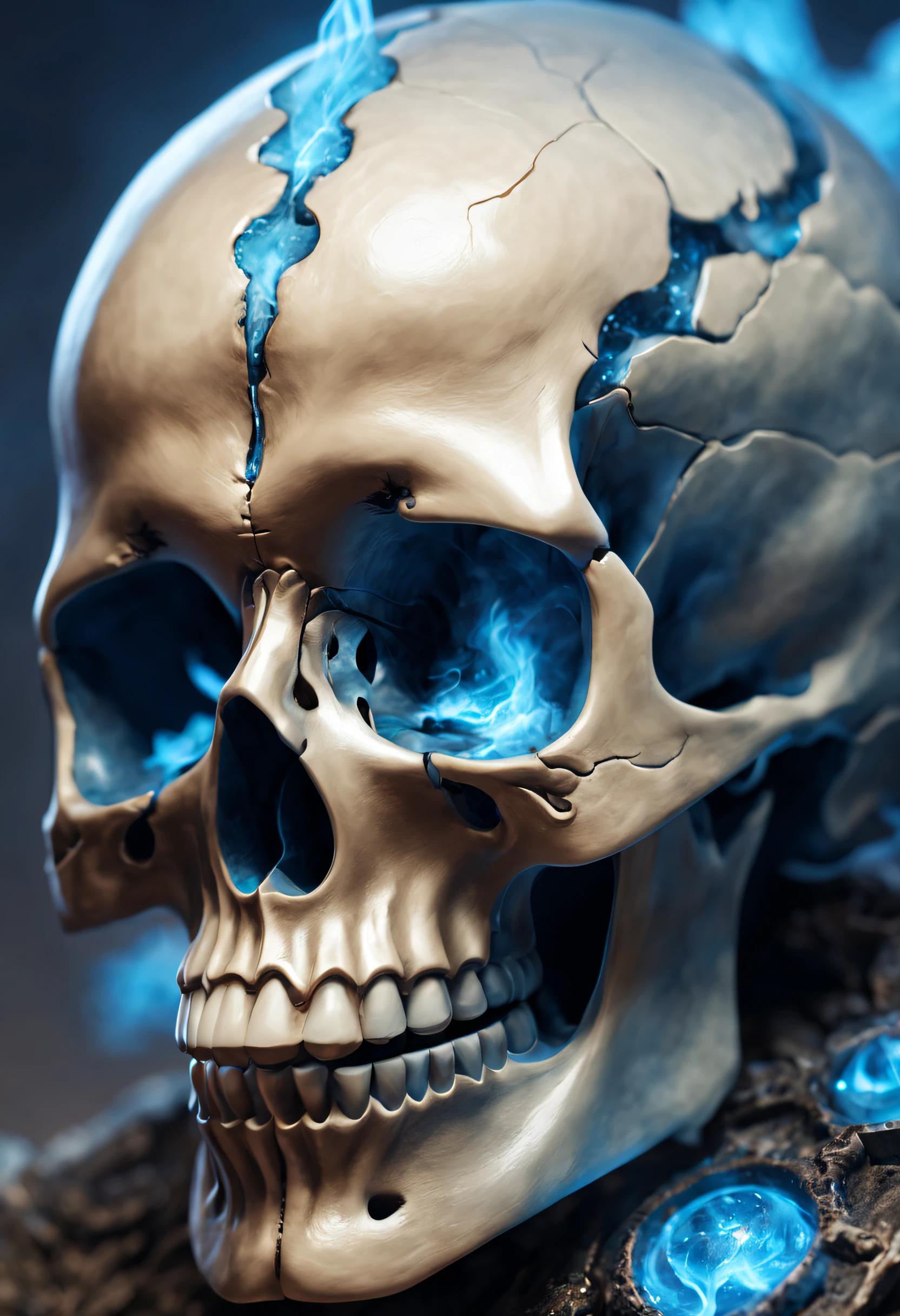 (masterpiece:1.3), (8K、photorealistic, Raw photo, best quality:1.4),A high-angle close-up shot of a silver skull ring, placed on a rugged black stone, surrounded by the soft reflections of water, with cool blue tones accentuating the polished metal, under subtle, diffused lighting, shot with a Nikon Z7 II, 50mm f/1.4 lens, monochrome palette with hints of icy blue