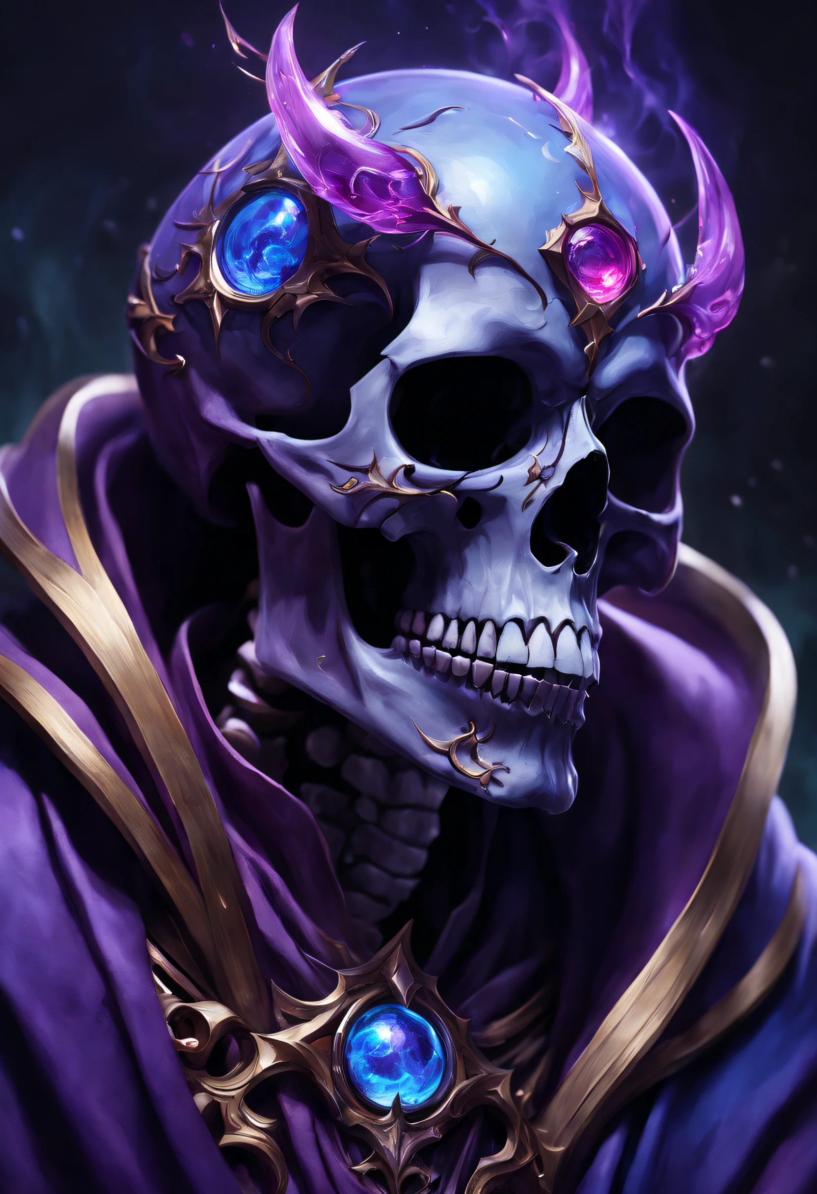 "(Best quality,A high resolution:1.2,Realistic:1.37), A skull with a purple glowing core is depicted in detail, Wearing purple robes and purple spheres, Depicting League of Legends characters "during night", Popular on artstation. Capture the essence of League of Legends Arcane Splash Art, Features Aurelion Sol, Skeleton Demon. Inspired by Huang Shen's artistic style, With a very detailed artistic approach. The color palette consists of vivid shades of purple, Red, black, and blue, Reminiscent of the night and mysterious atmosphere. The composition focuses on close-ups of the skull, Highlight its intricate details."