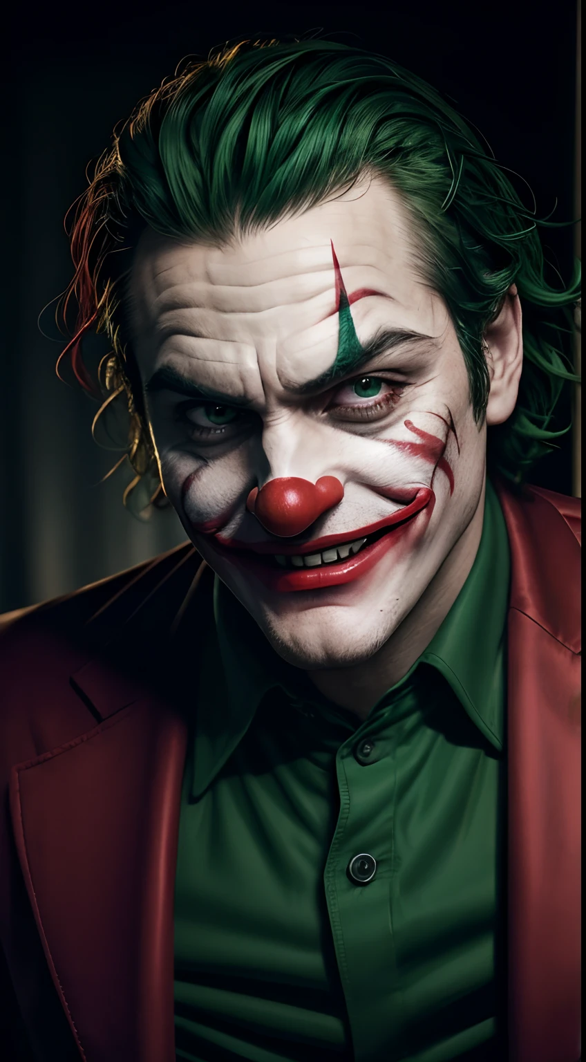 (masterpiece), raw photo of joker laughing in the dark, joaquin phoenix, (photorealistic:1.4),close up, crazy, wering a red suit, wrinckles, tired, expressive, cinematic, tragicomic, artistic, clown make up, green hair, solo, alone, disturbing, green shirt, dark background, (red suit), looking to camera, simple