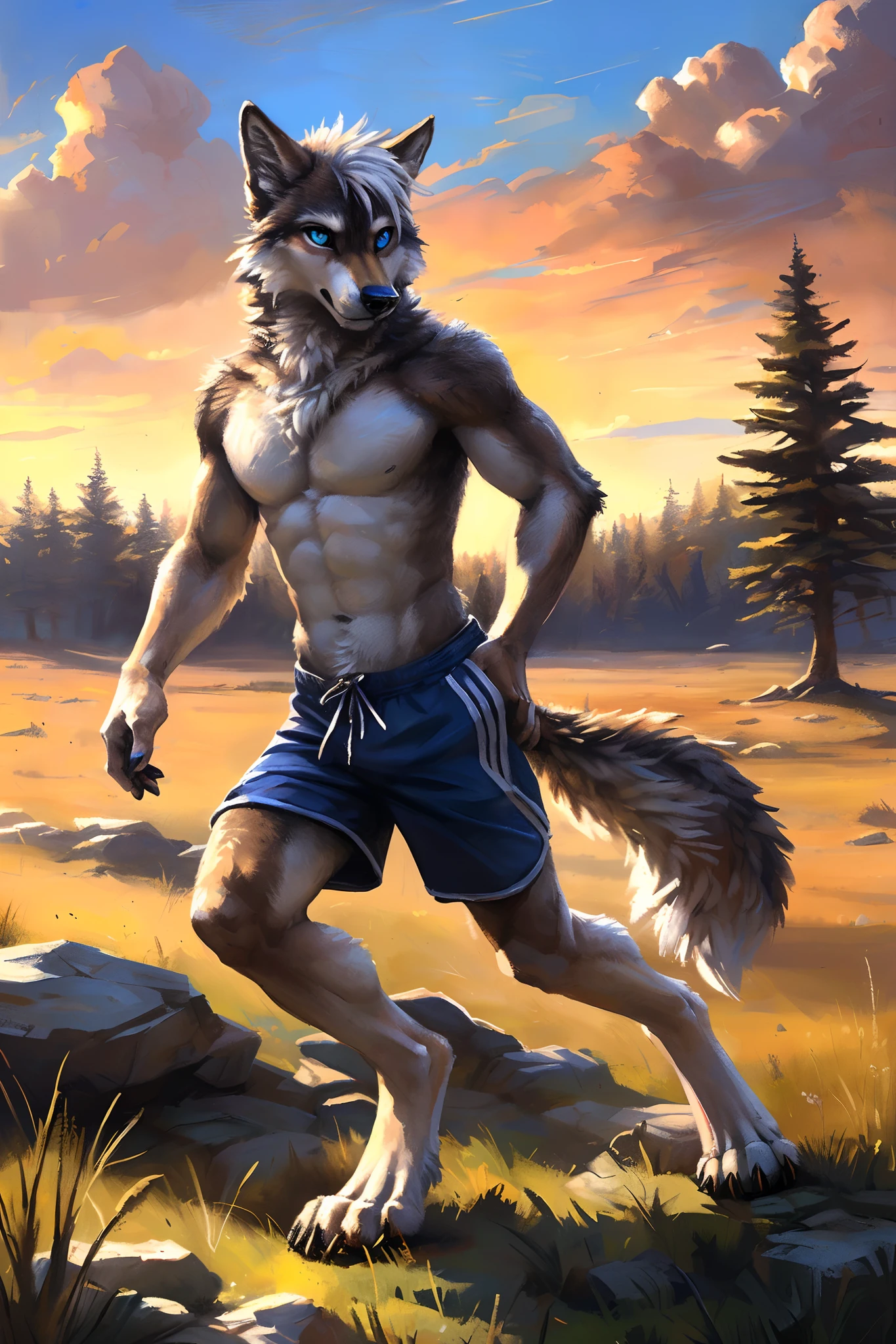 ((Solo)), male people, anthro wolf, (Multi-colored fur, White-brown:1.3，White tail pointed), (Height 2.1m,Tail length 1.2m), ((Wolf face, Big eyes, White eyelids, Blue pupil, Slim:1.2) (Tough, Calm expression:1.2)), Abs, Slim, pinging)), (Correct anatomy), (Work shorts:1.1), The upper body  naked, (detailed outfits),A long big tail，Feet，(Realistic fur, Detailed fur texture, labeled:1.3)), (Natural lighting), Photorealistic, Hyperrealistic, ultradetailed, by Kenket，Field，erect through，Running on