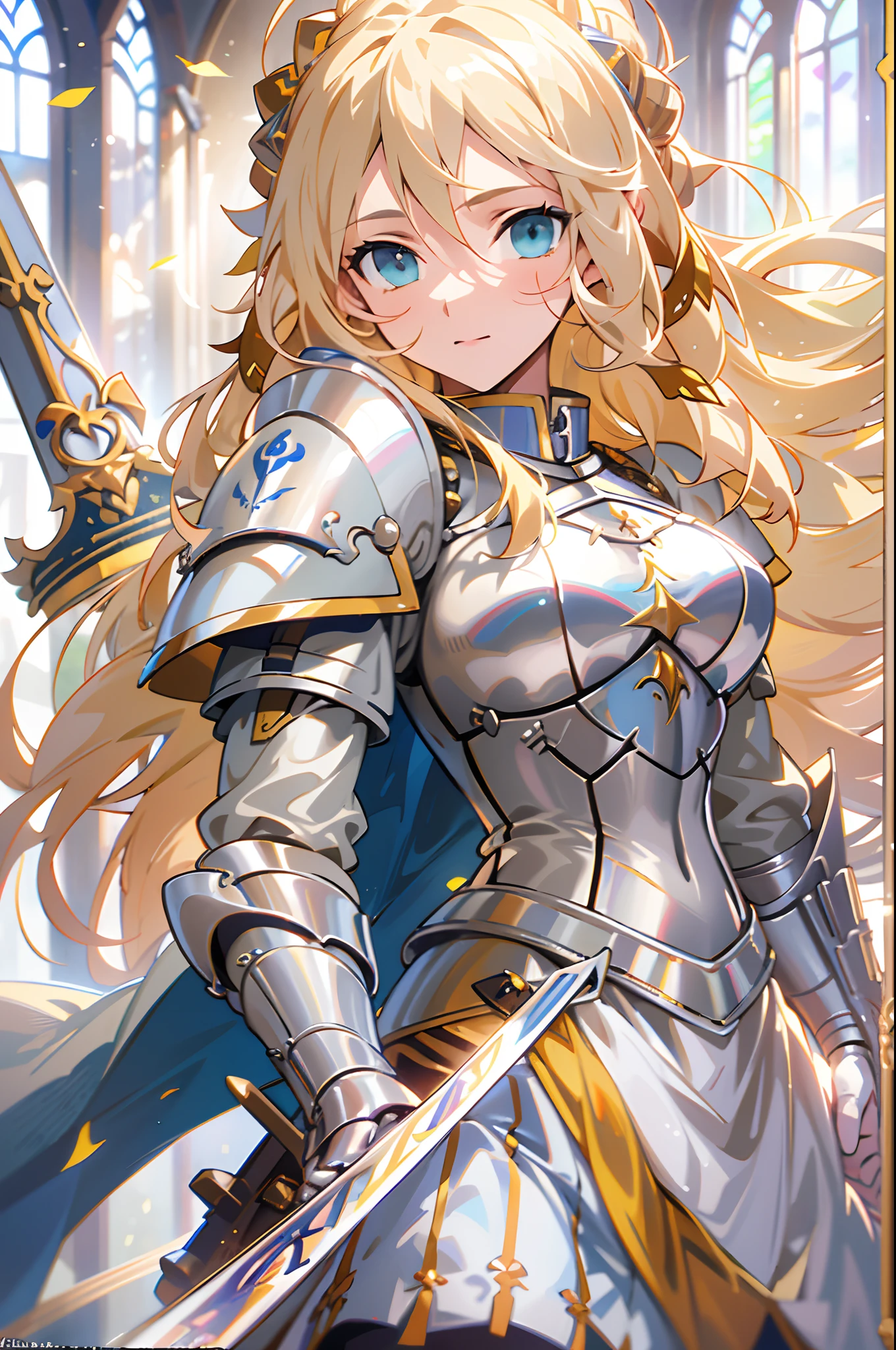 Blonde woman in armor with sword and flower background, of a beautiful female knight, beautiful female knight, inspired by Magali Villeneuve, Female knight, magali villeneuve', alluring elf princess knight, Kushatt Krenz Key Art Women, girl in knight armor, inspired by Li Chevalier, graphic artist magali villeneuve, Portrait Knight Lady Best Quality,4K,8K,A high resolution,Masterpiece:1.2),Ultra-detailed,(Realistic,Photorealistic,photo-realistic:1.37),Long flowing orange hair, Blue eyes pose for photos, Anime girl, Popular on Pixiv, Popular on artstation, double tails, (Anime girl), Digital artwork on Pixiv, About tomorrow's popularity with Pranley Soru on Pixiv, Vibrant colors, vibrant  lighting (Best quality,4K,8K,A high resolution,Masterpiece:1.2),Ultra-detailed,(Realistic,Photorealistic,photo-realistic:1.37), Anime style, long whitr hair, Blue eyes, A girl with blue eyes and long blonde hair stares into the camera, Perfect blonde girl, Young girl with white hair, girl with beautiful white hair, Cute anime girl with blonde hair, Woman with blonde hair, Girl with blonde hair, Young woman with anime aesthetics,female anime character, from girls' frontline.your legs，With an evil smile