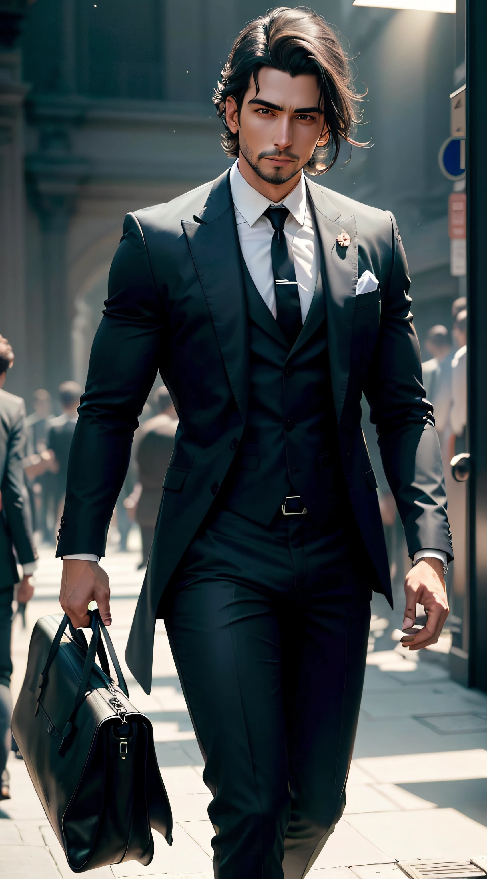 Hombre sentado con traje negro formal frente a una enorme base de datos con pantallas por todas partes, pantallas negras en el entorno de fondo, Luces, colores fluorescentes, cuerpo completo + ultra, realista, detalles ultra realistas, cinematic style Clear light + cuerpo completo, 8k, rendering, ultra detallado, Lado luminoso, luz del sol, belleza, Luz clara, realista