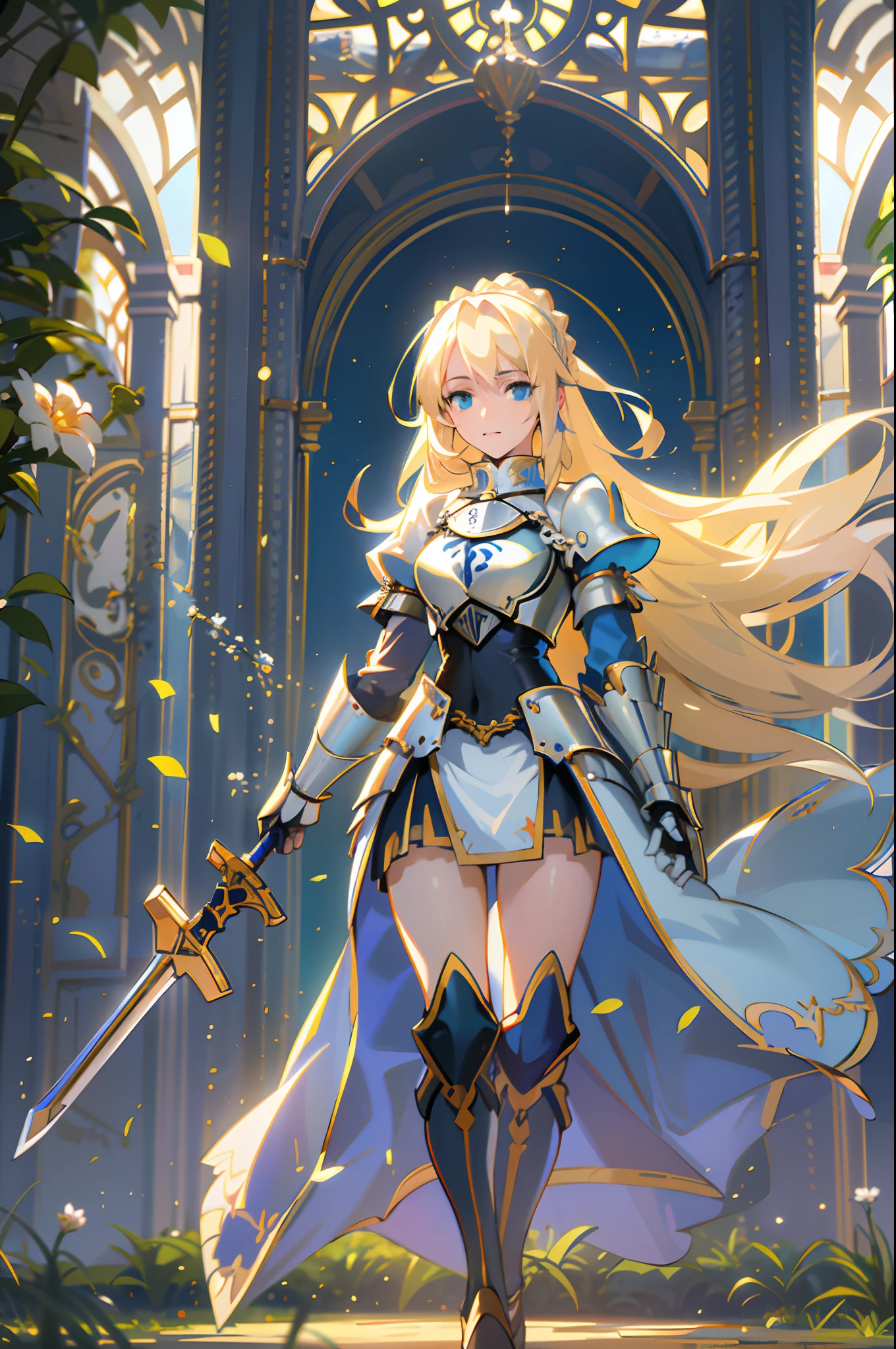 Blonde woman in armor with sword and flower background, of a beautiful female knight, beautiful female knight, inspired by Magali Villeneuve, Female knight, magali villeneuve', alluring elf princess knight, Kushatt Krenz Key Art Women, girl in knight armor, inspired by Li Chevalier, graphic artist magali villeneuve, Portrait Knight Lady Best Quality,4K,8K,A high resolution,Masterpiece:1.2),Ultra-detailed,(Realistic,Photorealistic,photo-realistic:1.37),Long flowing orange hair, Blue eyes pose for photos, Anime girl, Popular on Pixiv, Popular on artstation, double tails, (Anime girl), Digital artwork on Pixiv, About tomorrow's popularity with Pranley Soru on Pixiv, Vibrant colors, vibrant  lighting (Best quality,4K,8K,A high resolution,Masterpiece:1.2),Ultra-detailed,(Realistic,Photorealistic,photo-realistic:1.37), Anime style, long whitr hair, Blue eyes, A girl with blue eyes and long blonde hair stares into the camera, Perfect blonde girl, Young girl with white hair, girl with beautiful white hair, Cute anime girl with blonde hair, Woman with blonde hair, Girl with blonde hair, Young woman with anime aesthetics,female anime character, from girls' frontline.your legs，With an evil smile