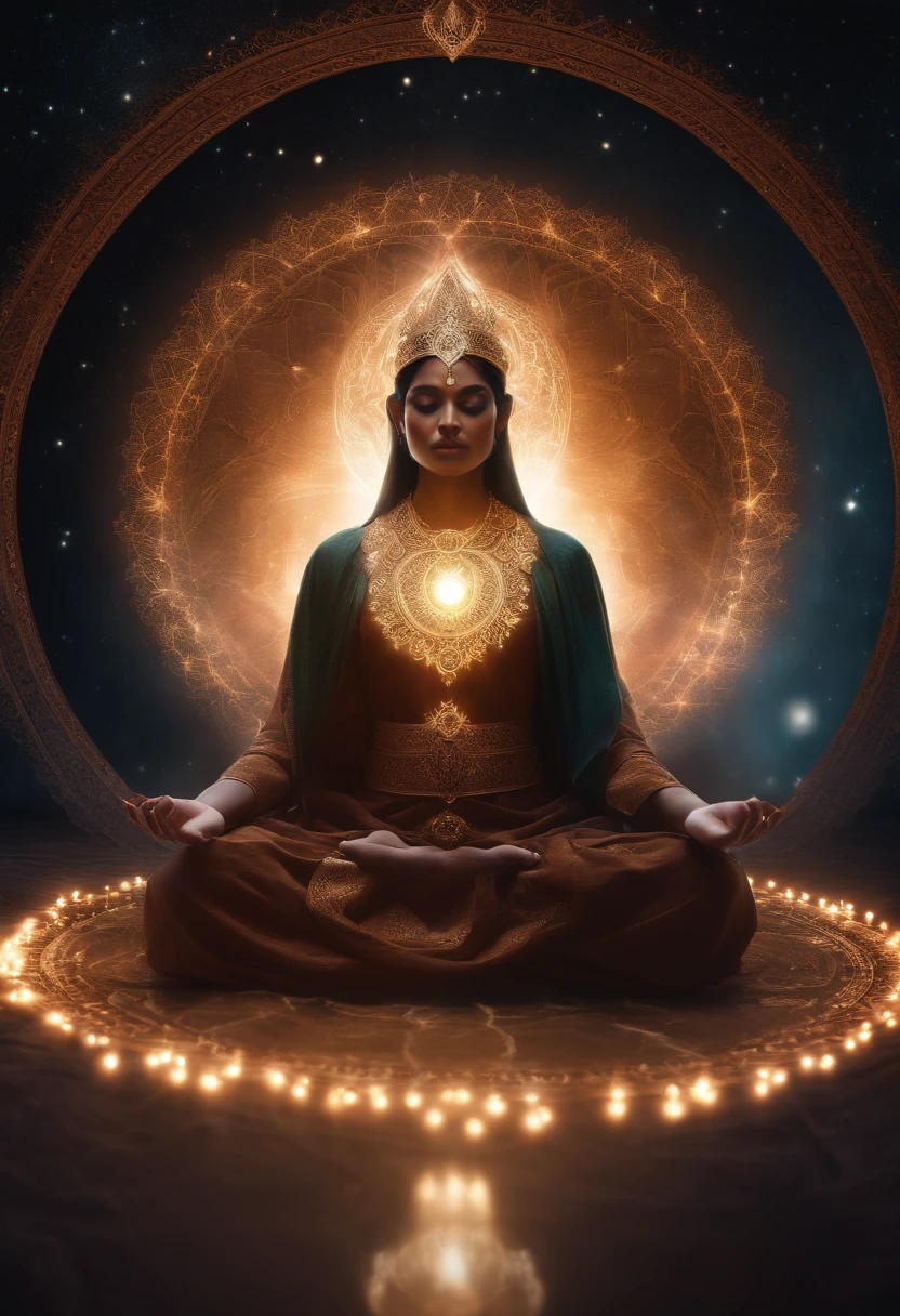 A person sits in the position of a lotus，There is a glowing halo on it, glowing holy aura, Spiritual enlightenment, cosmic enlightenment, A shining aura of darkness, glowing electric aura, Liquid luminescent aura, glowing black aura, Glowing aura, white glowing aura, Exudes a brilliant aura, enlightening, inverse dark glowing power aura, enlightening. Intricate, elven spirit meditating in space