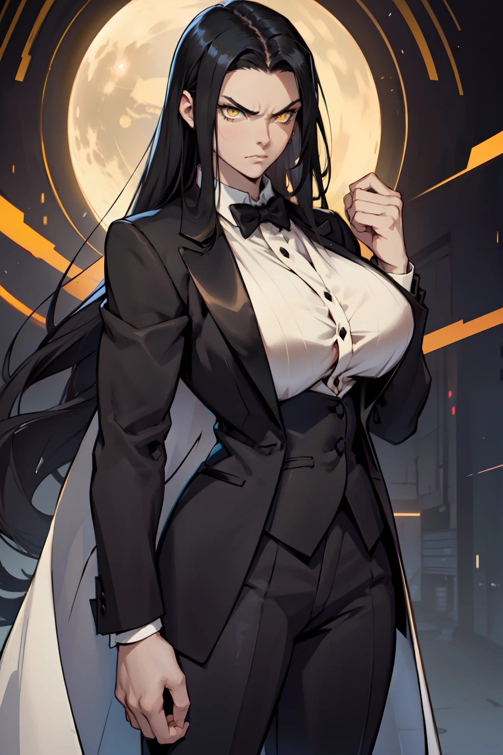 ((Highest quality)), Ultra-high resolution,Adult women, alone, sexy, (Stern face), (Red eyes), Beautiful face in every detail,(High resolution detail of human skin texture), (Black irregular long hair), Black coat,Suit pants,A mercenary woman,(have a gun in hand),Realistic:1.4,Realistic:1.4,Dark Warehouse,((masterpiece)),Perfect and detailed eyes
