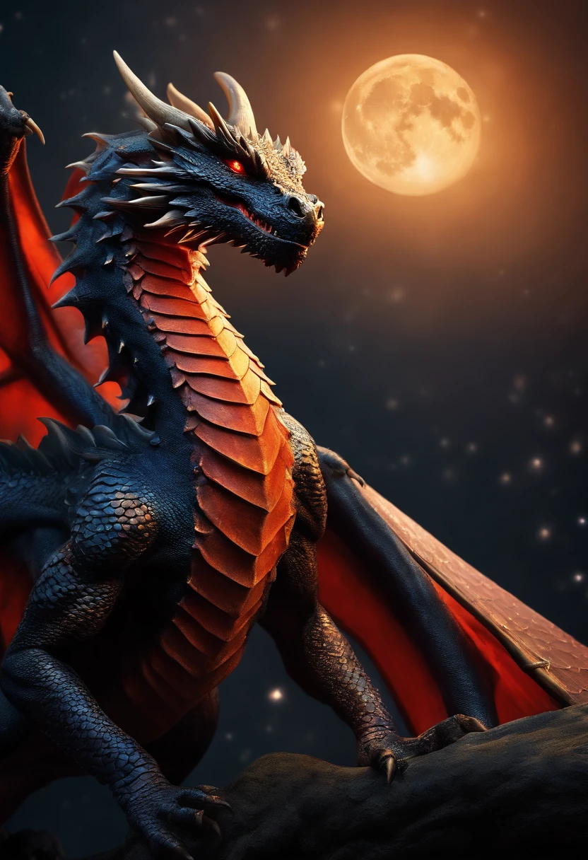 (best quality,4k,8k,highres,masterpiece:1.2),ultra-detailed,(realistic,photorealistic,photo-realistic:1.37),red dragon bathed in moonlight,shimmering red scales,glistening fiery eyes,sharp teeth,ferocious expression,scales catching the moonlight,moonlight reflecting on the dragon's wings,rippling muscles,dragon's claws digging into the ground,dragon's wings spread wide,sparkling stars in the background,dark and mysterious atmosphere,vivid colors to enhance dragon's fiery nature,majestic and powerful pose,colorful hues of red,orange, and yellow illuminating the dragon,subtle blue and purple tones to represent the moonlight,soft and gentle lighting to create a magical ambiance.