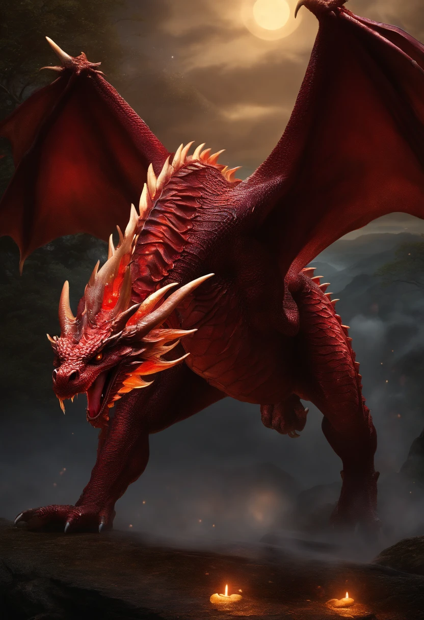 (best quality,4k,8k,highres,masterpiece:1.2),ultra-detailed,(realistic,photorealistic,photo-realistic:1.37),red dragon bathed in moonlight,shimmering red scales,glistening fiery eyes,sharp teeth,ferocious expression,scales catching the moonlight,moonlight reflecting on the dragon's wings,rippling muscles,dragon's claws digging into the ground,dragon's wings spread wide,sparkling stars in the background,dark and mysterious atmosphere,vivid colors to enhance dragon's fiery nature,majestic and powerful pose,colorful hues of red,orange, and yellow illuminating the dragon,subtle blue and purple tones to represent the moonlight,soft and gentle lighting to create a magical ambiance.