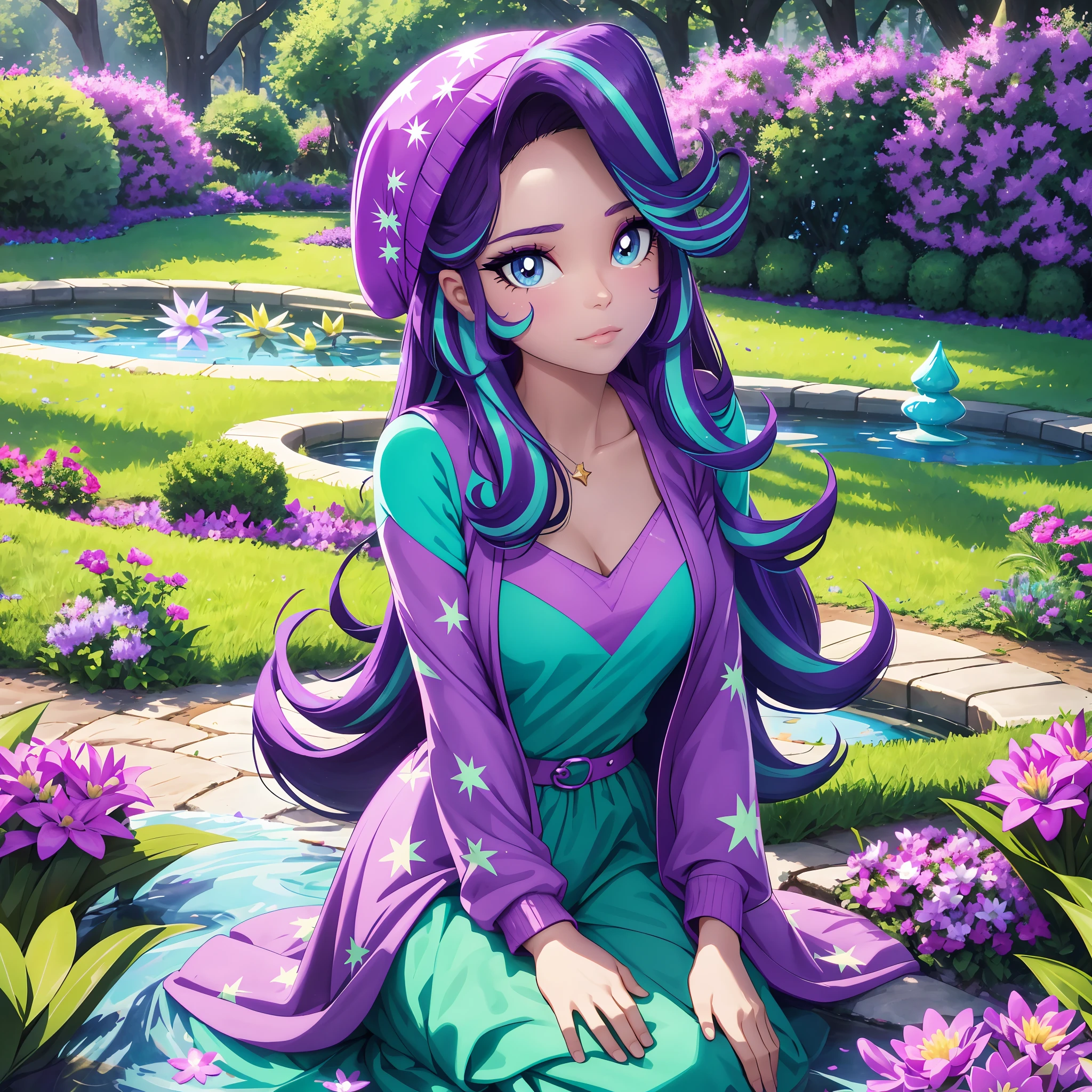 starlight glimmer, starlight glimmer from my little pony, starlight glimmer in the form of a girl, big breasts, lush breasts, voluminous breasts, firm breast, detailed hands, two tones of hair, turquoise and purple hair, in a garden, purple and turquoise flowers, solo, one character, turquoise and purple dress, long sleeves, thin, turquoise eyes, gentle smile, beautiful detailed garden, under a trees, sitting on grass, lavender flowers every, purple beanie with turquoise stars, ponds with flowers on it, beautiful pond, lily pads, lilac flowers everywhere, extremely long hair