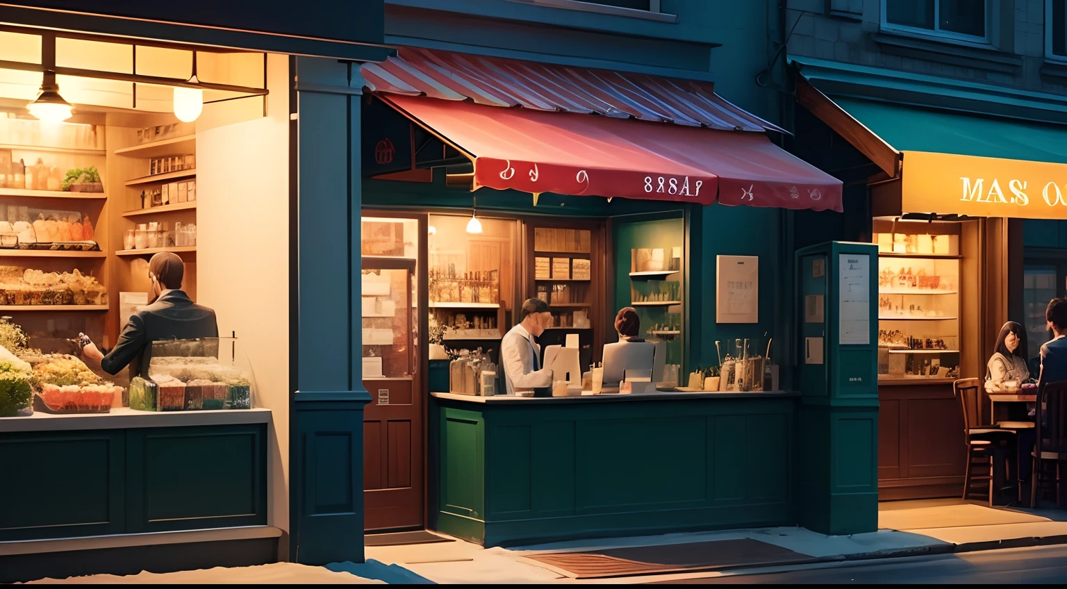 Create an anime background as if it were a landscape at night with a café in front. A man and a woman are out front driving a frozen green drink