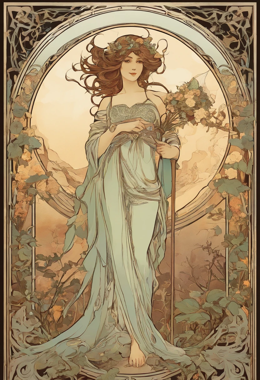8K.Alphonse Mucha style poster illustration, Gothic Woman, goddess of death, By the Black, pale-skinned, Flat painting, naked woman, Emmawatoso,Holding a scythe, no clothe, As a whole body,Slim body,bare-legged,modernism, Plants in the background, NFSW, masutepiece, Alfonse Mucha, high details
