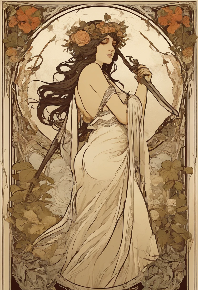 8K.Alphonse Mucha style poster illustration, Gothic Woman, goddess of death, By the Black, pale-skinned, Flat painting, naked woman, Emmawatoso,Holding a scythe, no clothe, As a whole body,Slim body,bare-legged,modernism, Plants in the background, NFSW, masutepiece, Alfonse Mucha, high details