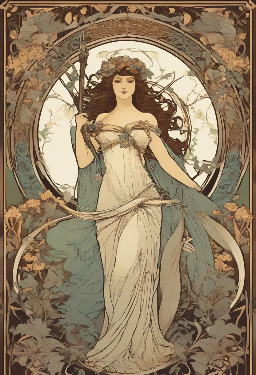 8K.Alphonse Mucha style poster illustration, Gothic Woman, goddess of death, By the Black, pale-skinned, Flat painting, naked woman, Emmawatoso,Holding a scythe, no clothe, As a whole body,Slim body,bare-legged,modernism, Plants in the background, NFSW, masutepiece, Alfonse Mucha, high details