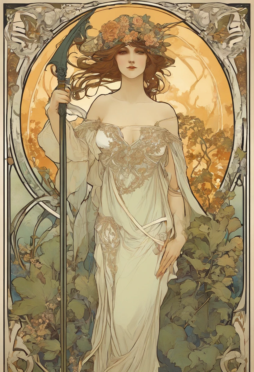 8K.Alphonse Mucha style poster illustration, Gothic Woman, goddess of death, By the Black, pale-skinned, Flat painting, naked woman, Emmawatoso,Holding a scythe, no clothe, As a whole body,Slim body,bare-legged,modernism, Plants in the background, NFSW, masutepiece, Alfonse Mucha, high details