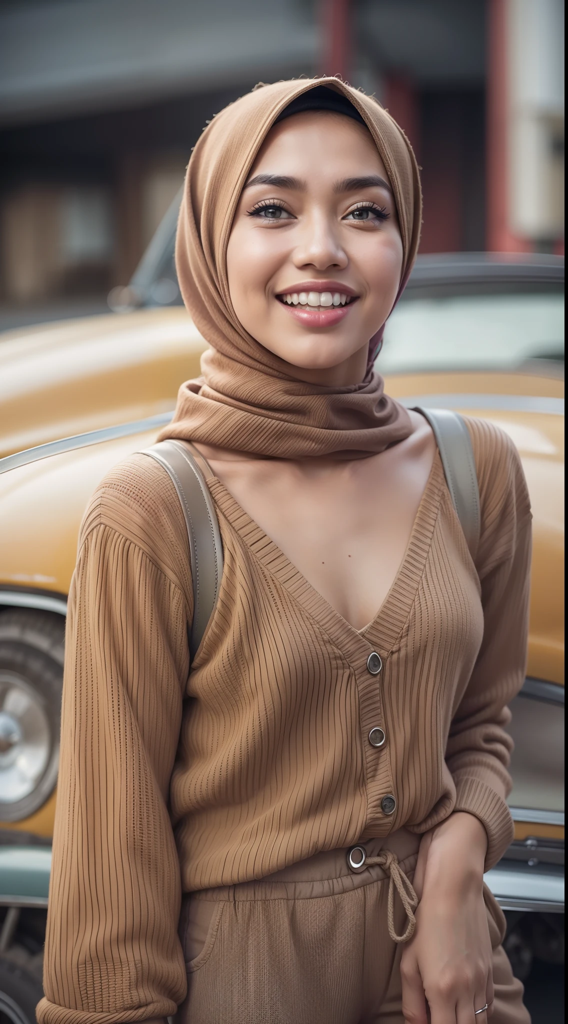 Malay girl in hijab wear Rib-Knit Halterneck Sports Romper , seat infront of vintage car, old junk car, front view, detail skin, detail skin texture, mole below eyes, small breast, big hip, big waist, big thigh, slim abs, beautiful body, evening, laughing, happy, bright lighting, blur background, bokeh, vintage effect photo, vintage color, retro color, high quality, 8k