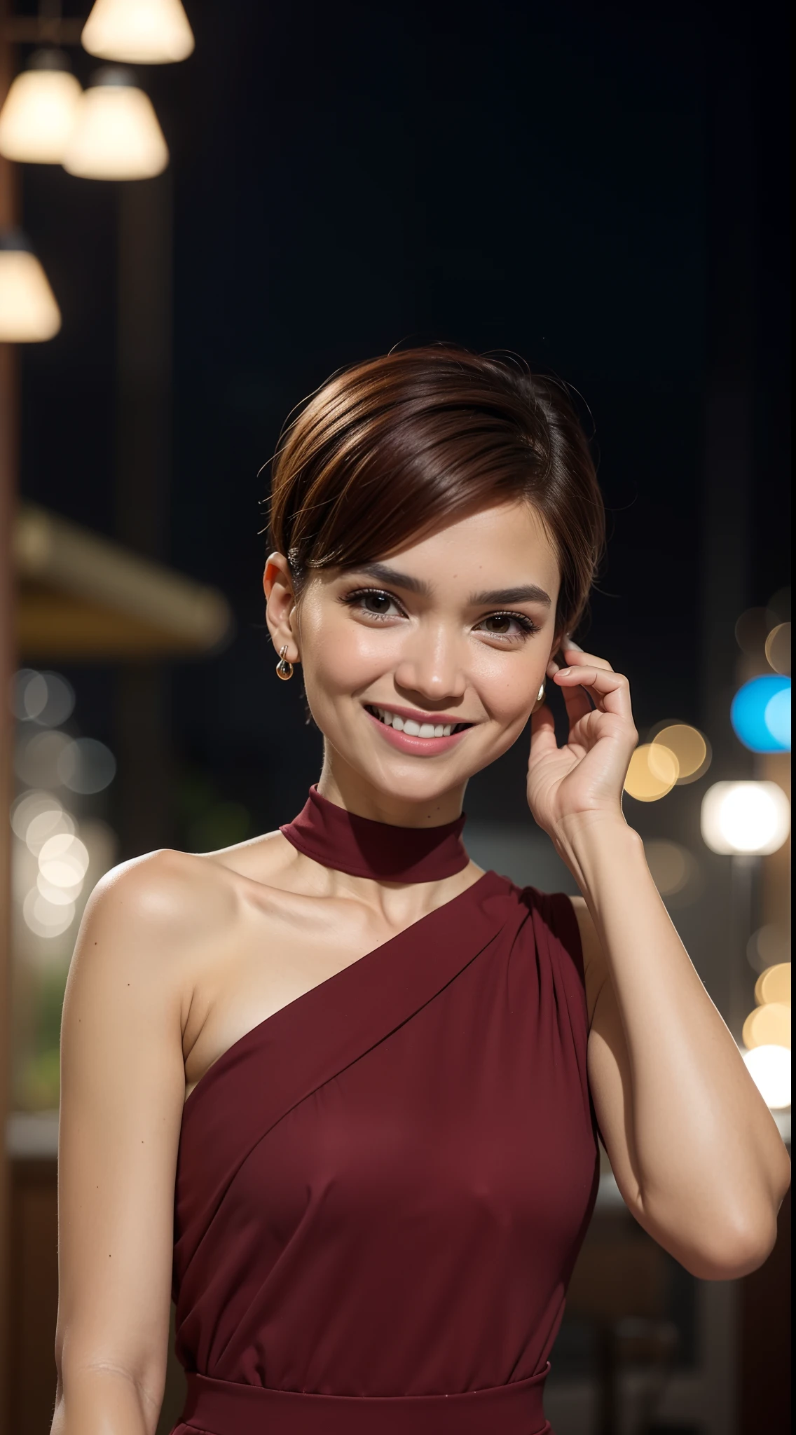 Malay girl, very short red hair, side swept pixie haircut, wear soft blue Mini peplum backless Dress , laughing and posing with hand on head, touching her own head, wear handbag, from back view, windy, detail skin, age spot, detail skin texture, mole below eyes, small breast, flat chest, wide hips, small waists, thick thighs, slim abs, beautiful body, nighttime, laughing, happy, bright lighting, crowded cafe, blur background, bokeh, high quality, ultra detail, 8k,