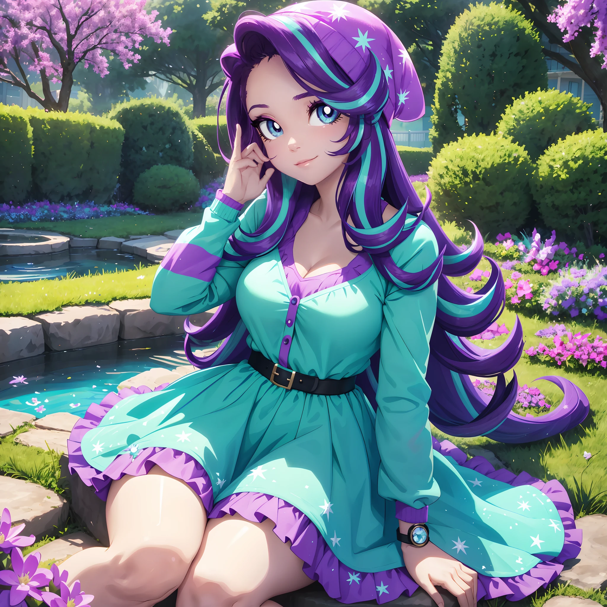 starlight glimmer, starlight glimmer from my little pony, starlight glimmer in the form of a girl, big breasts, lush breasts, voluminous breasts, firm breast, detailed hands, two tones of hair, turquoise and purple hair, in a garden, purple and turquoise flowers, solo, one character, turquoise and purple dress, long sleeves, thin, turquoise eyes, gentle smile, beautiful detailed garden, under a trees, sitting on grass, lavender flowers every, purple beanie with turquoise stars, ponds with flowers on it, beautiful pond, lily pads, lilac flowers everywhere, extremely long hair