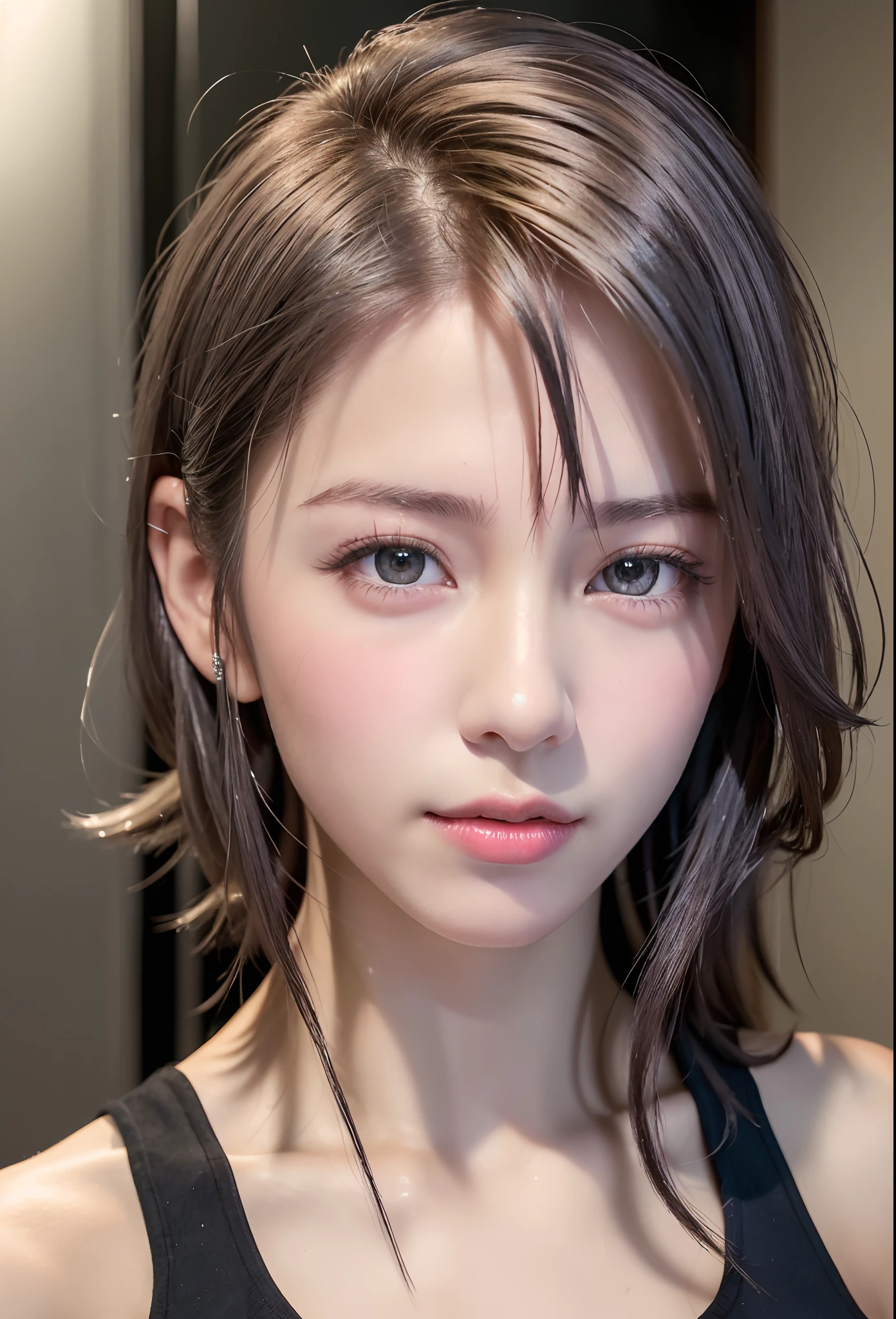 (8K, Photorealistic, Raw photo, of the highest quality: 1.3), (1girl in), Super beautiful, (Realistic face), (boyish, Silver Color Berry Shorthair), Beautiful , Glare that captivates the viewer, Beautiful expression, Beautiful breasts, (Realistic skin), Beautiful...