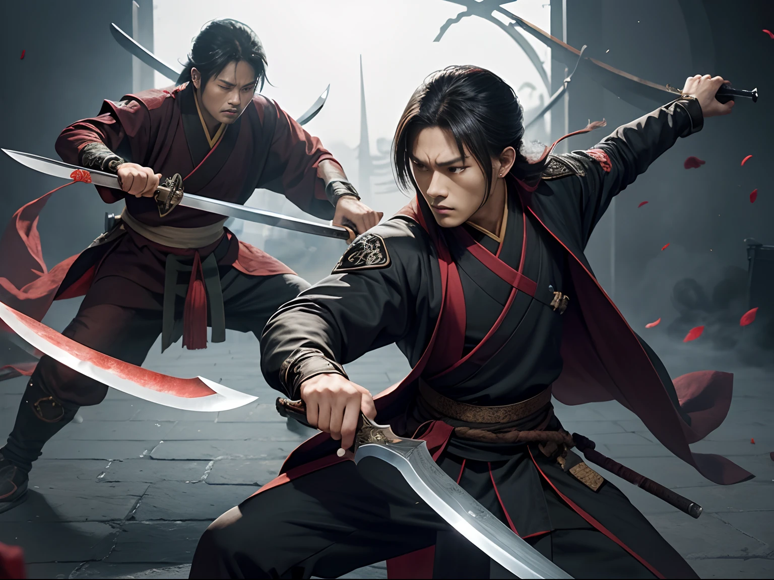 mtu,Knife in hand,Angry,swordsmen,Black Hanfu,attacking,Dissection is correct