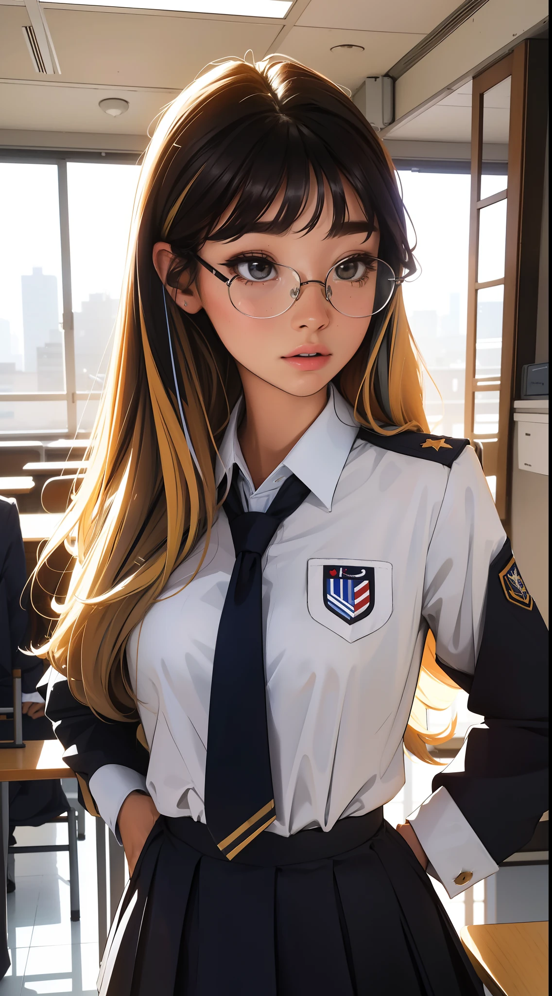 Salle de classe avec U.S. Uniforme scolaire,porte des lunette ronde, intello,  Une belle fille avec, UHD Portrait, (High quality) (ultra details) Regarder le spectateur en tenue de ville de style hip-hop; different, colourfull, very WHITE long hair