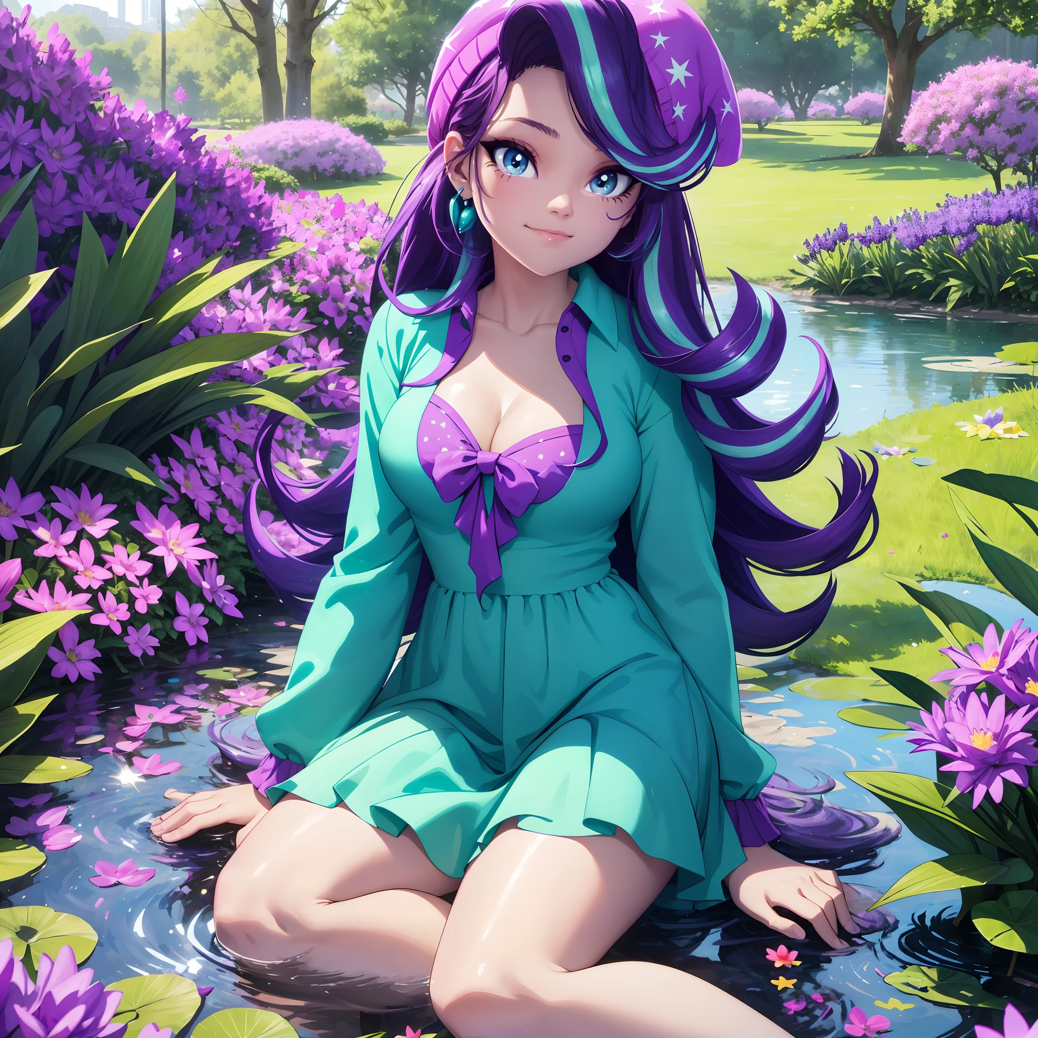 starlight glimmer, starlight glimmer from my little pony, starlight glimmer in the form of a girl, big breasts, lush breasts, voluminous breasts, firm breast, detailed hands, two tones of hair, turquoise and purple hair, in a garden, purple and turquoise flowers, solo, one character, turquoise and purple dress, long sleeves, thin, turquoise eyes, gentle smile, beautiful detailed garden, under a trees, sitting on grass, lavender flowers every, purple beanie with turquoise stars, ponds with flowers on it, beautiful pond, lily pads, lilac flowers everywhere, extremely long hair