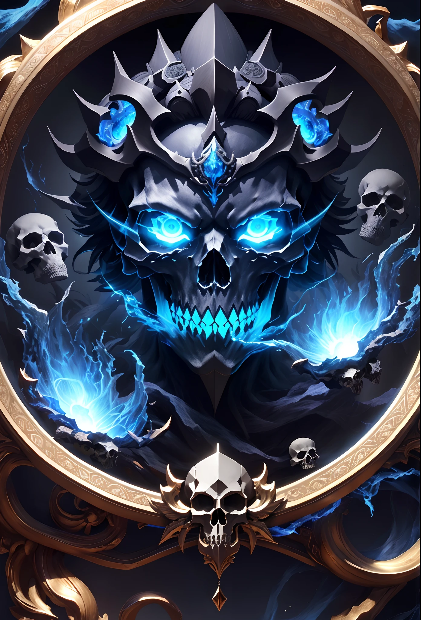 "The creation is super detailed、Best quality、A high-resolution masterpiece,Depict umbra elements,Skulls oozing blue energy" perfect shadow,High quality shadows,Photorealistic,